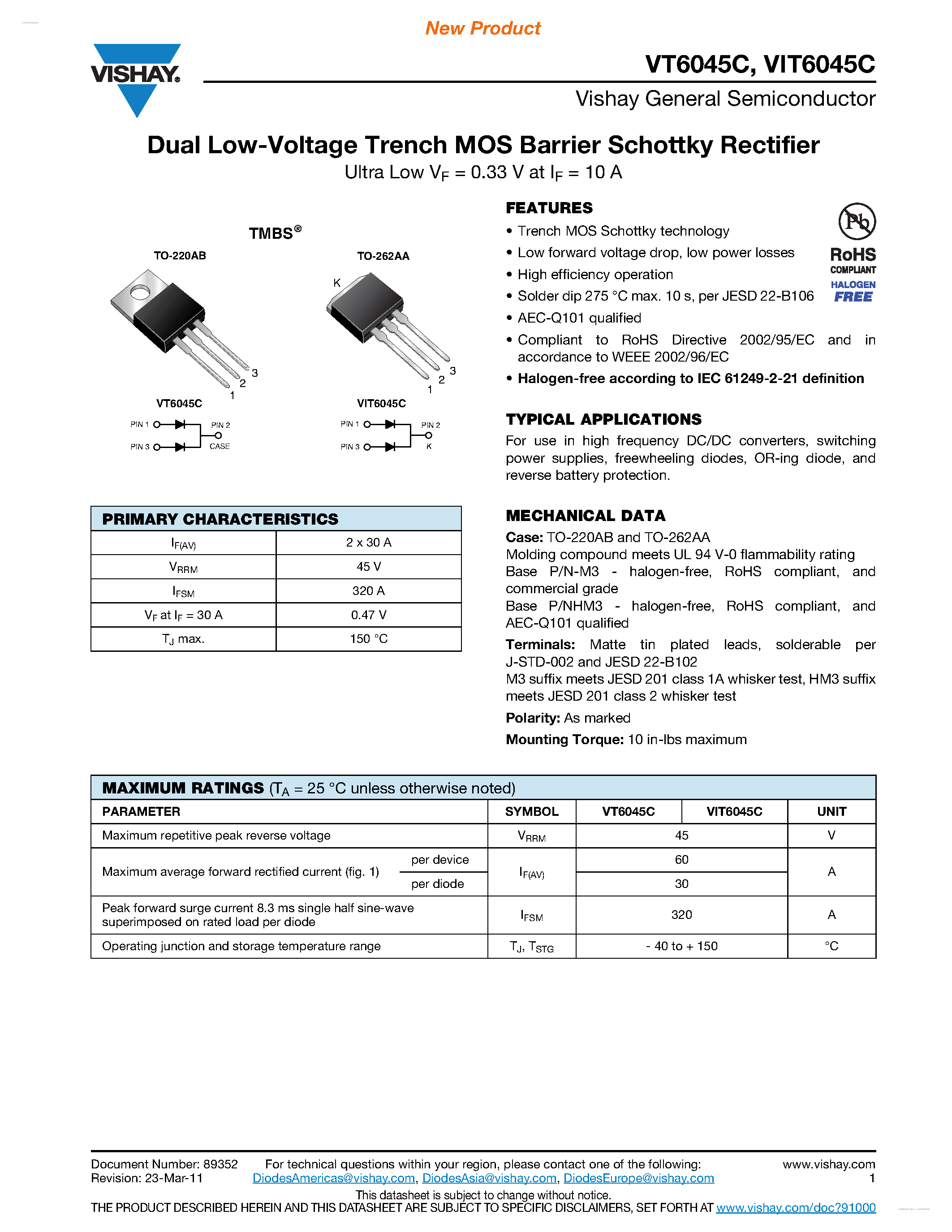 Datasheet VT6045C - Dual Low-Voltage Trench MOS Barrier Schottky Rectifier page 1