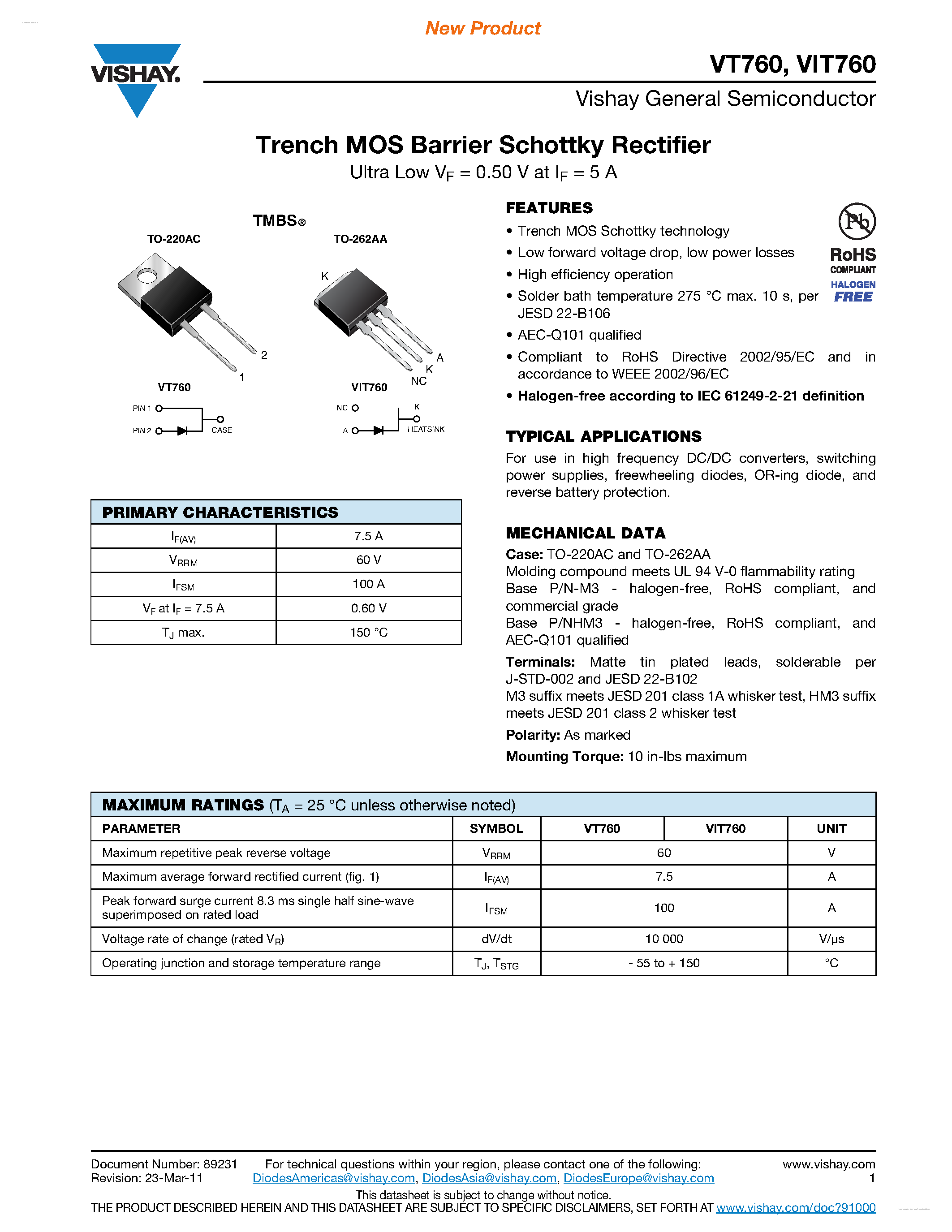 Datasheet VT760 page 1 Datasheet VT760 - Trench MOS Barrier Schottky Rectifier page 1
