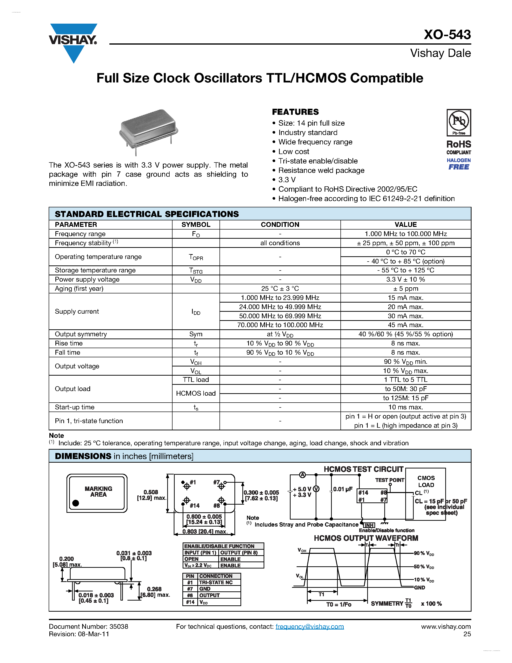 Даташит XO-543 - Full Size Clock Oscillators TTL/HCMOS Compatible страница 1