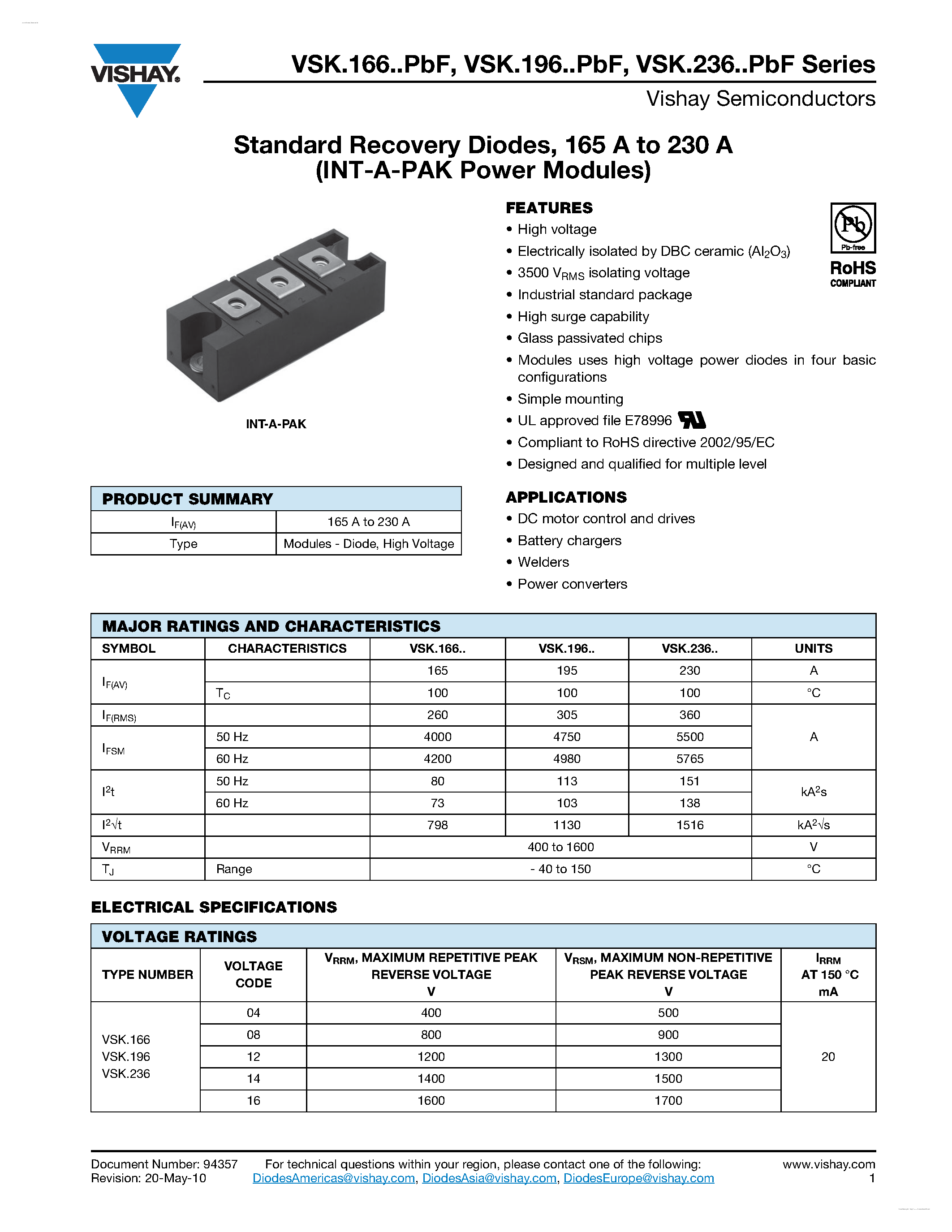Datasheet VSKC166-xxPBF - Standard Recovery Diodes page 1