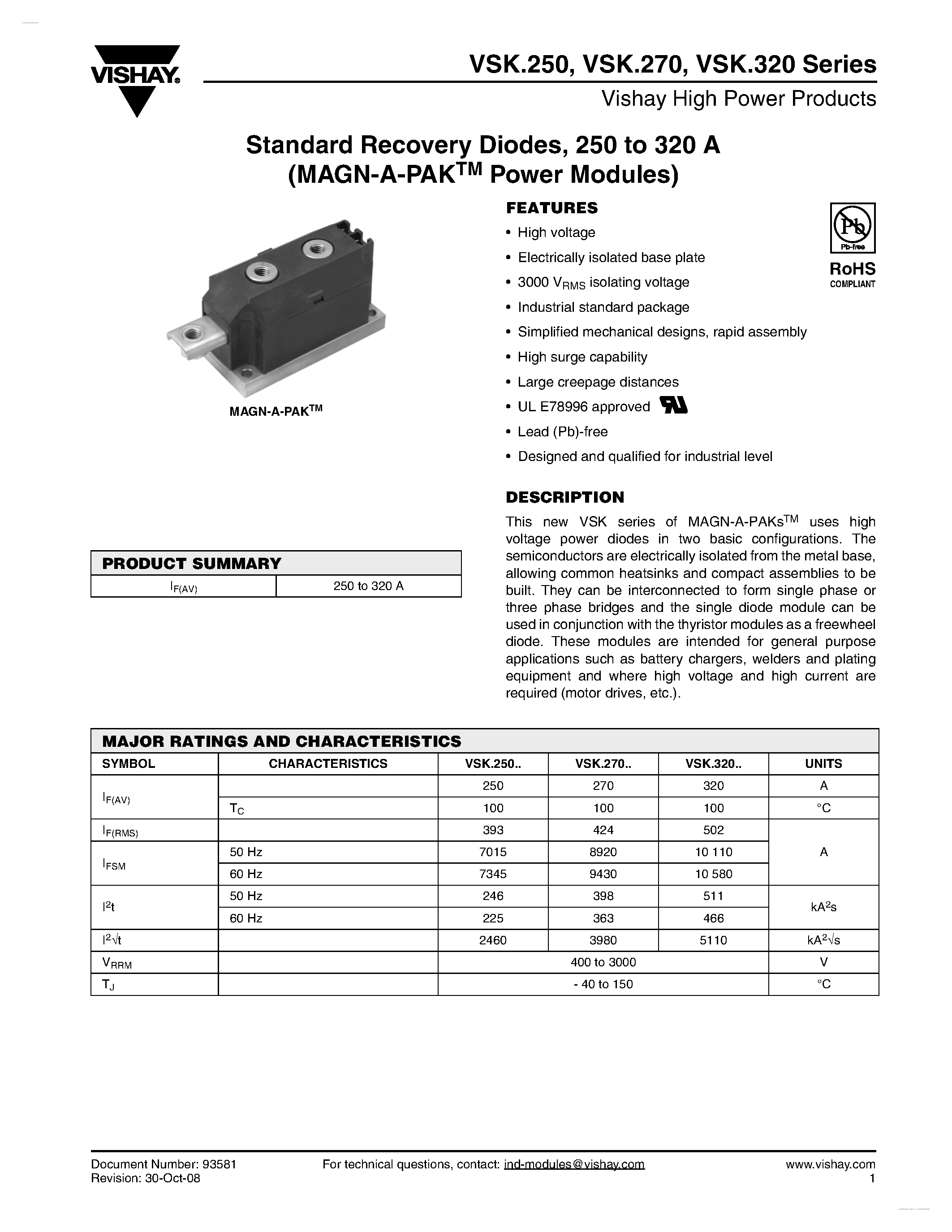 Datasheet VSKC250 - Standard Recovery Diodes page 1