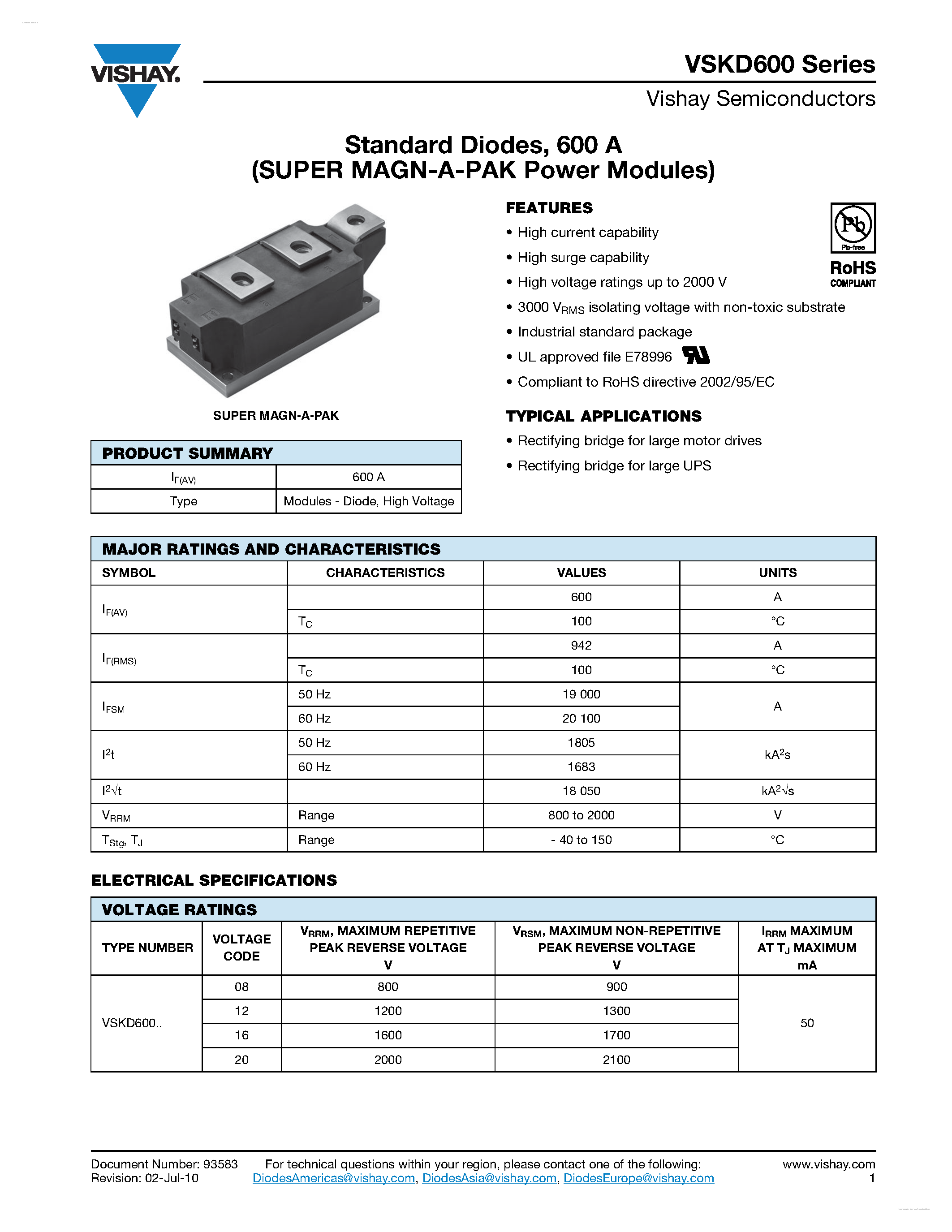 Datasheet VSKD600 page 1 Datasheet VSKD600 - Standard Diodes page 1