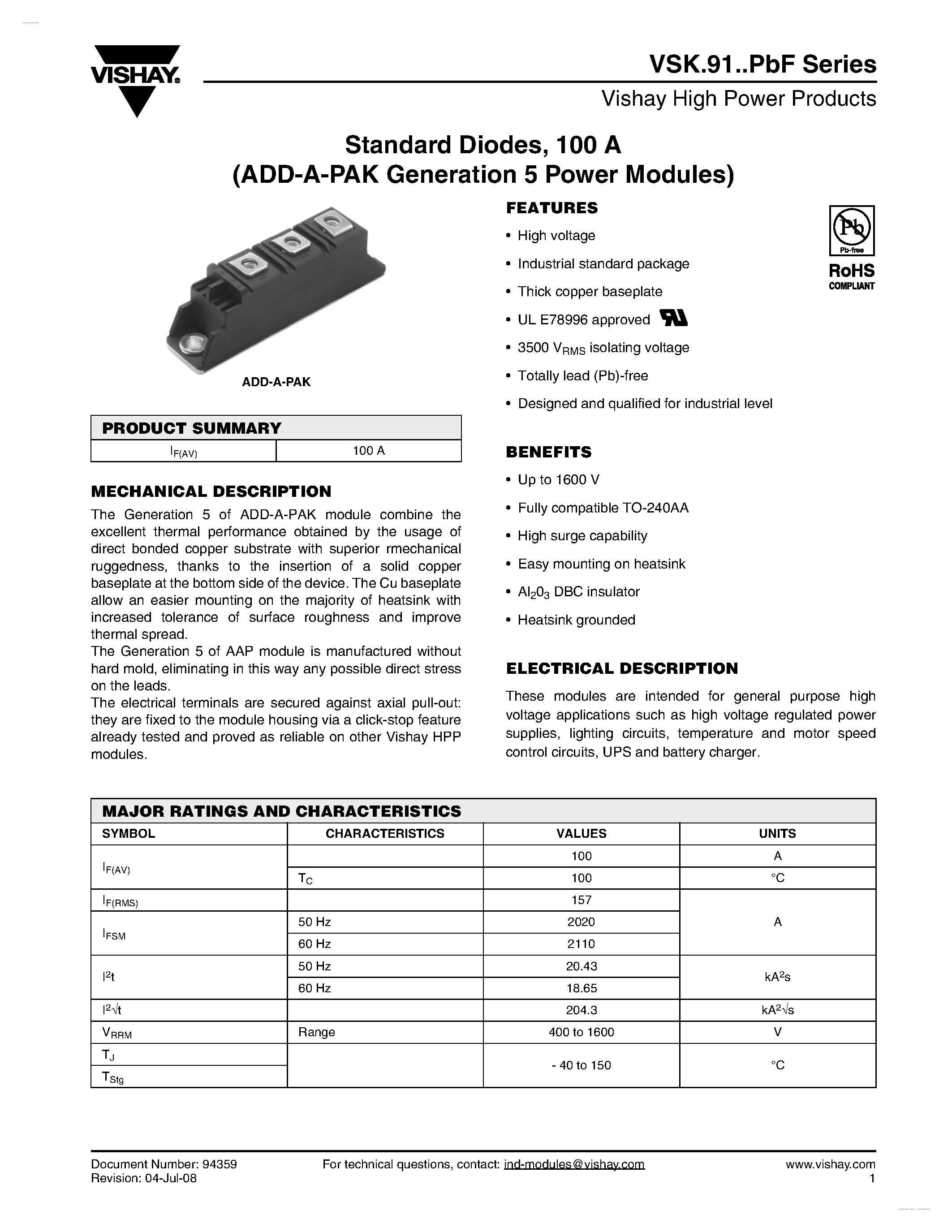 Datasheet VSKC91xxPxx - Standard Diodes page 1