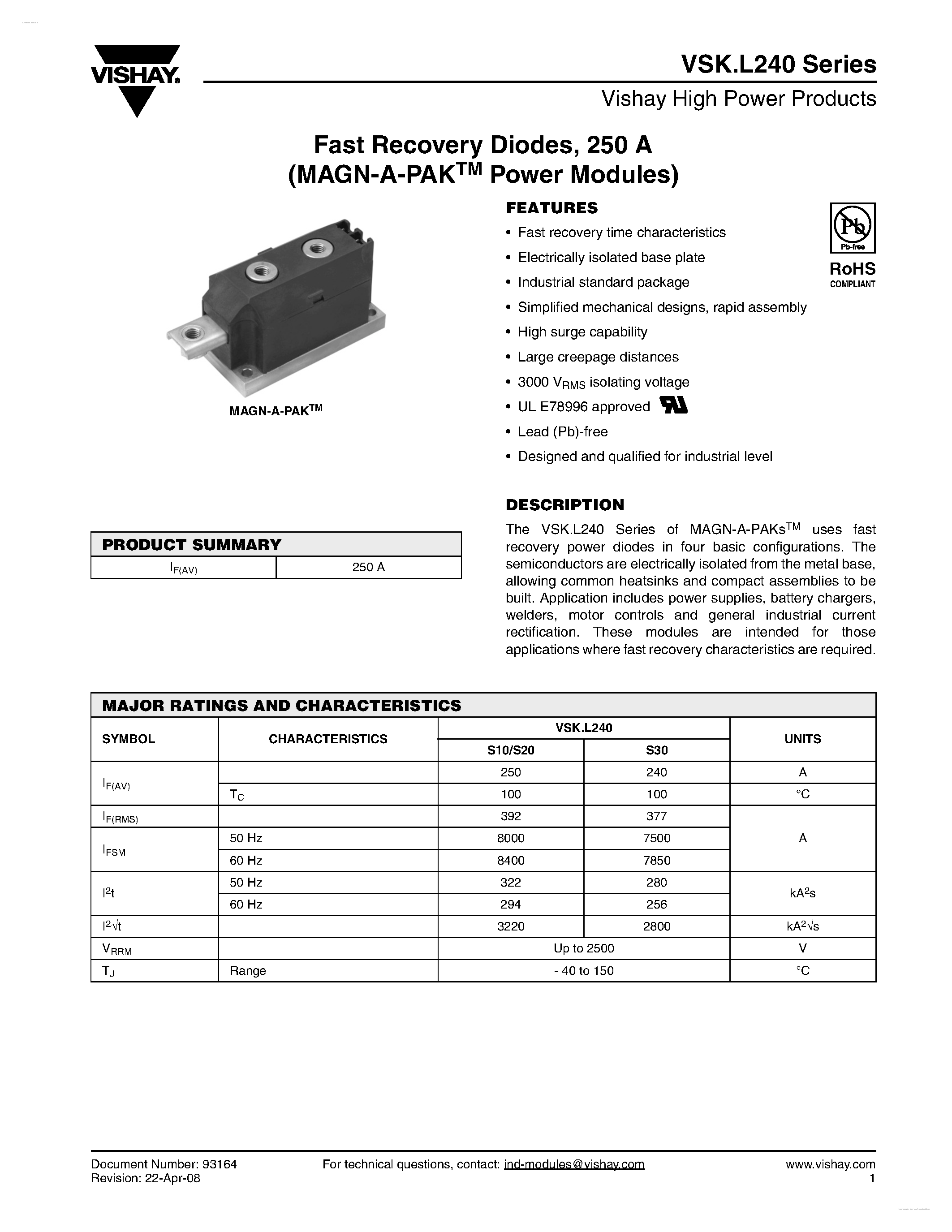 Datasheet VSKCL240 - Fast Recovery Diodes page 1