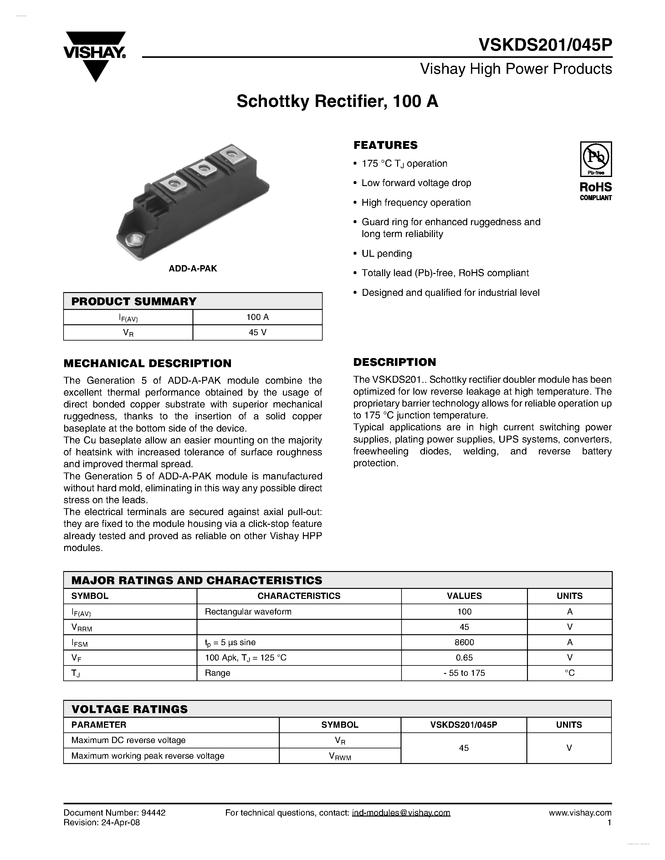 Datasheet VSKDS201/045P page 1 Datasheet VSKDS201/045P - Schottky Rectifier page 1