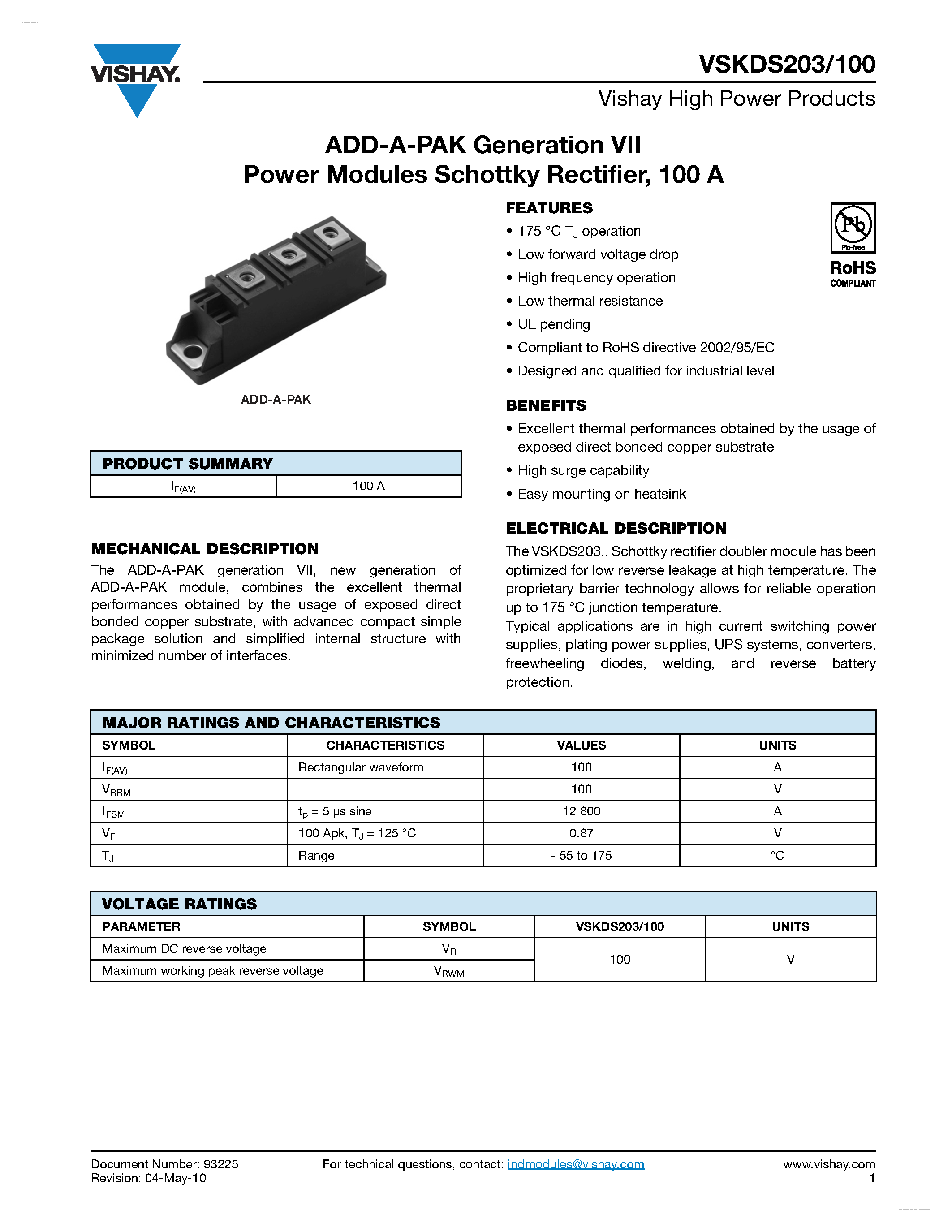 Даташит VSKDS203/100 - ADD-A-PAK Generation VII страница 1
