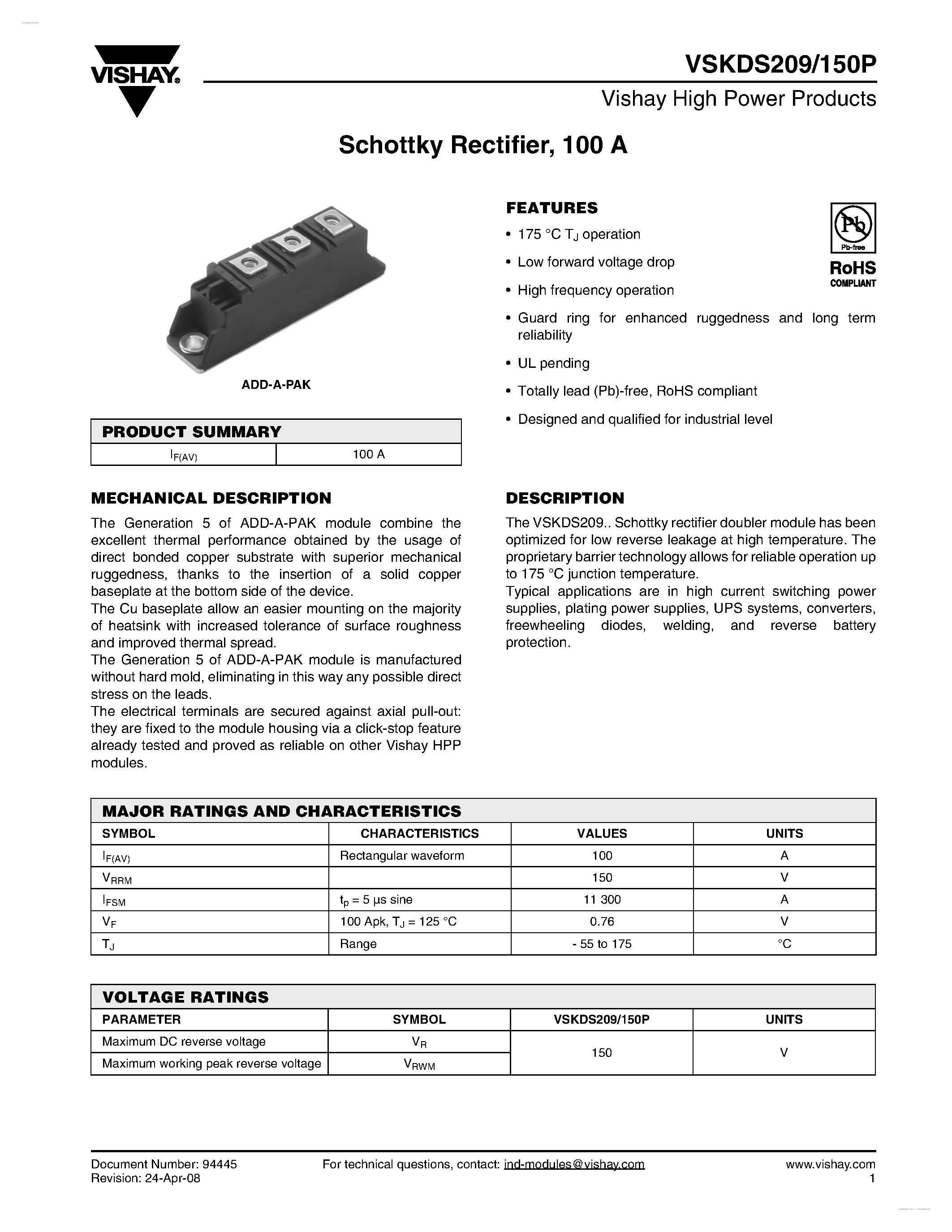 Datasheet VSKDS209/150P page 1 Datasheet VSKDS209/150P - Schottky Rectifier page 1
