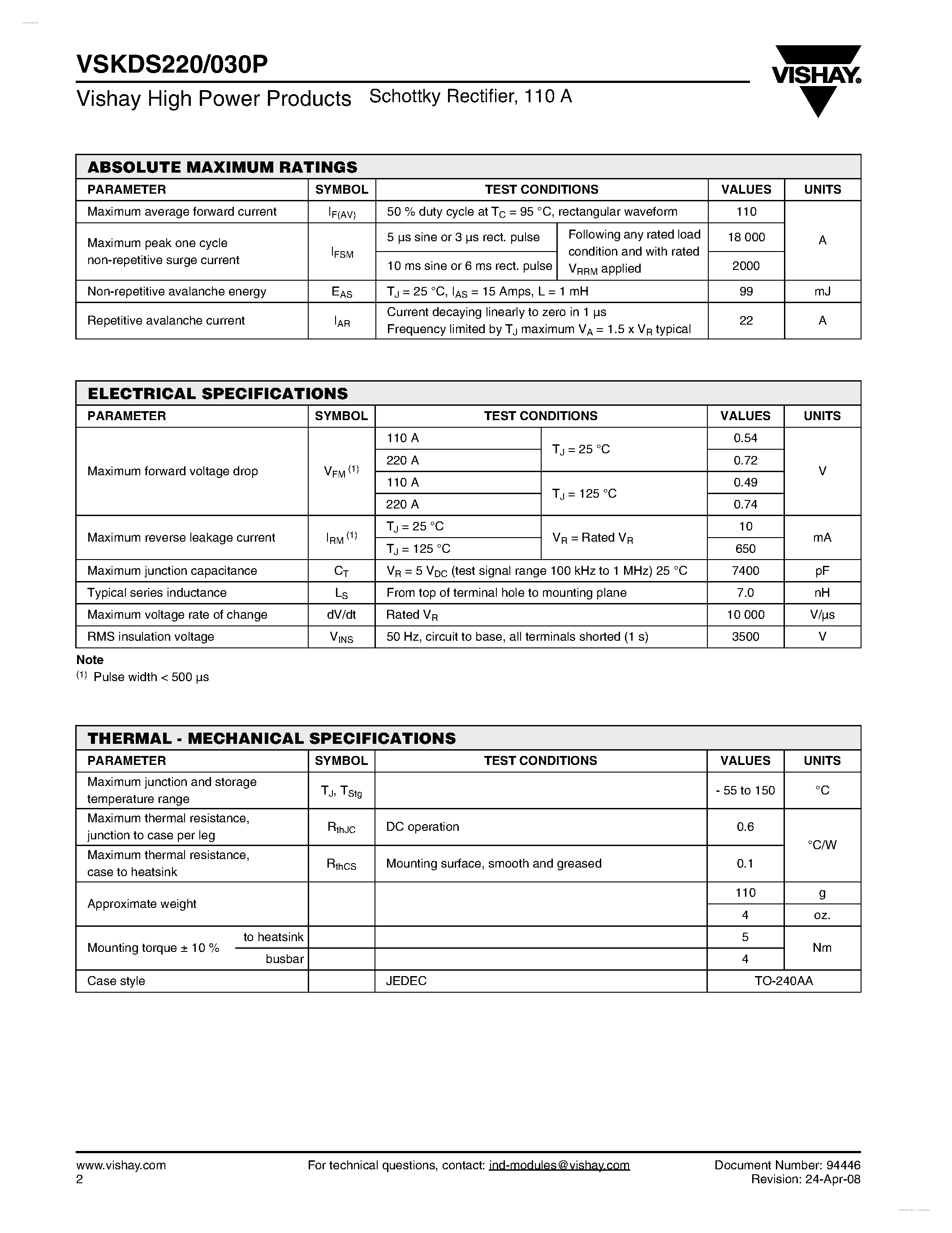 Datasheet VSKDS220/030P page 2 Datasheet VSKDS220/030P - Schottky Rectifier page 2