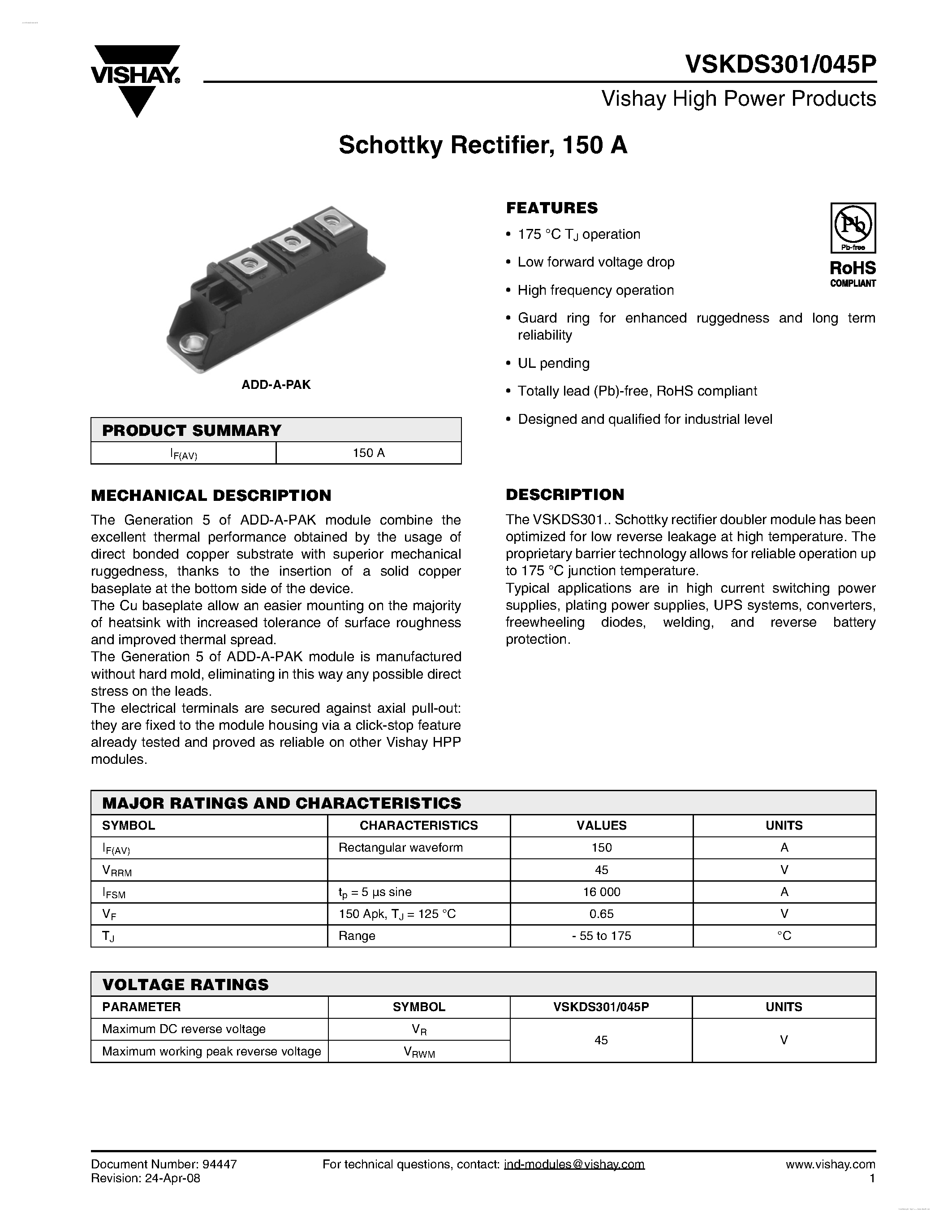 Datasheet VSKDS301/045P - Schottky Rectifier page 1