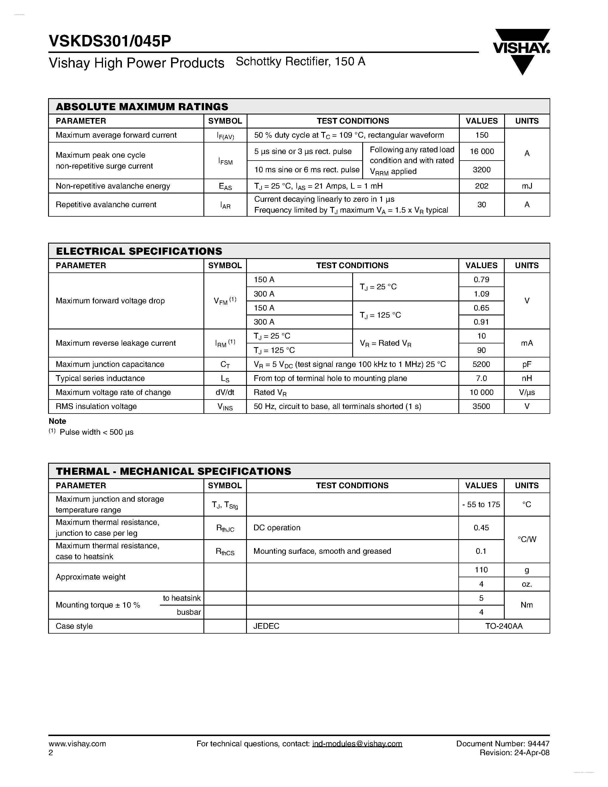 Datasheet VSKDS301/045P - Schottky Rectifier page 2