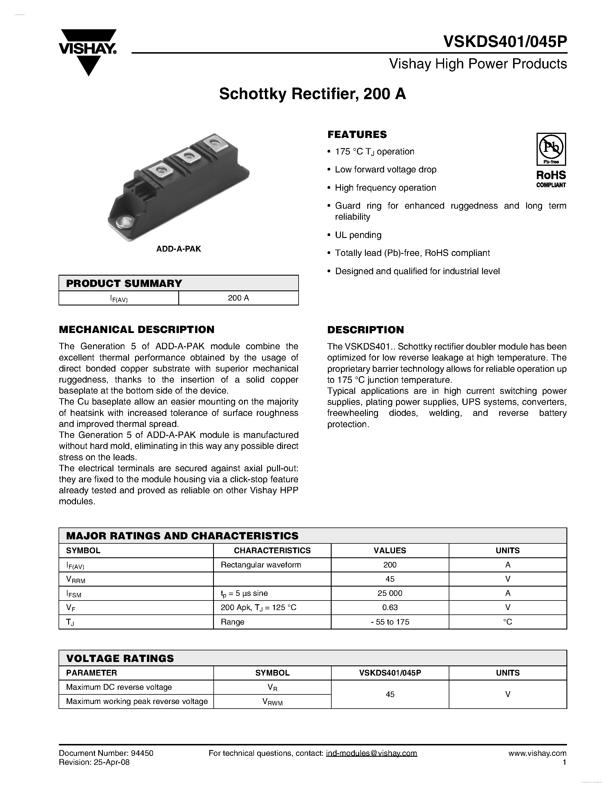 Datasheet VSKDS401/045P - Schottky Rectifier page 1