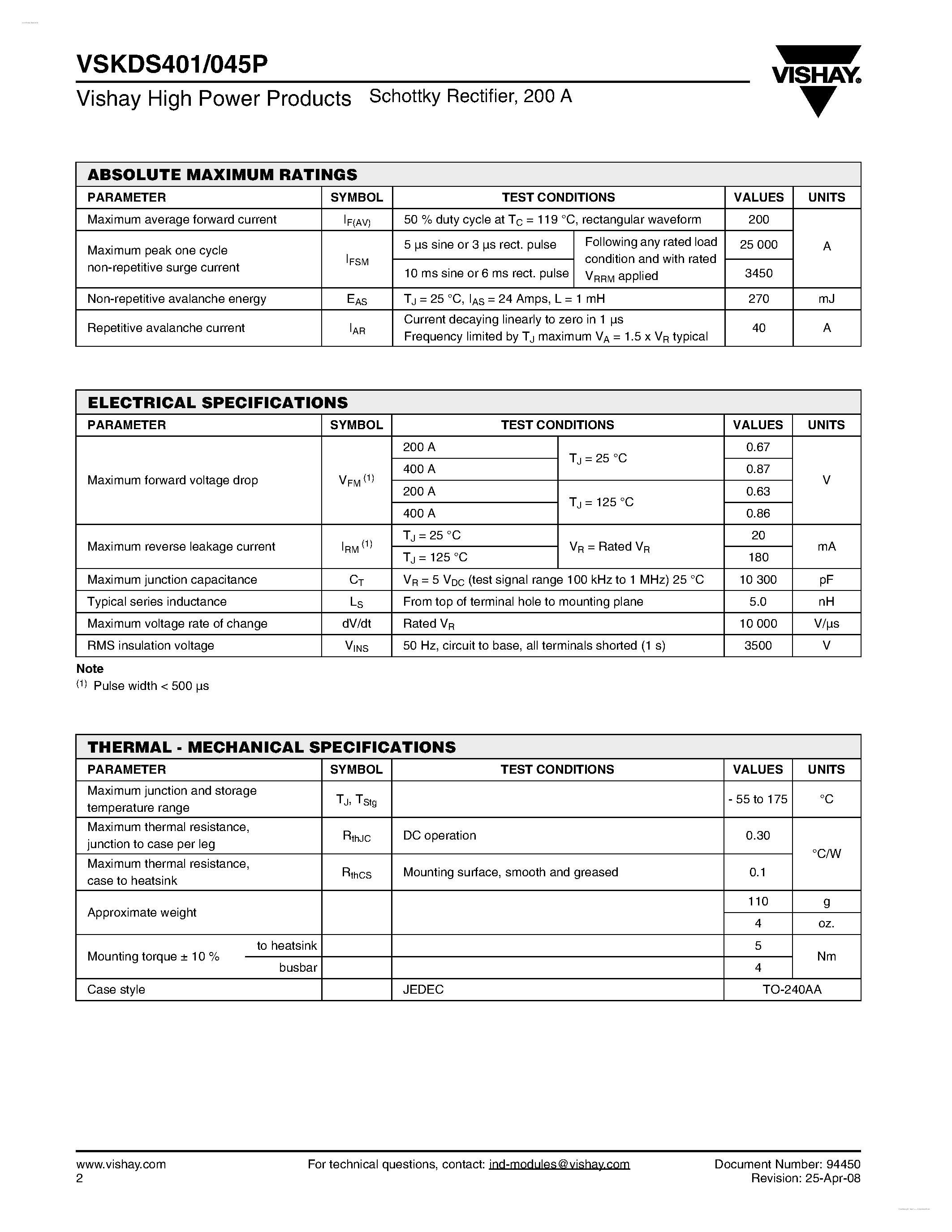 Datasheet VSKDS401/045P - Schottky Rectifier page 2