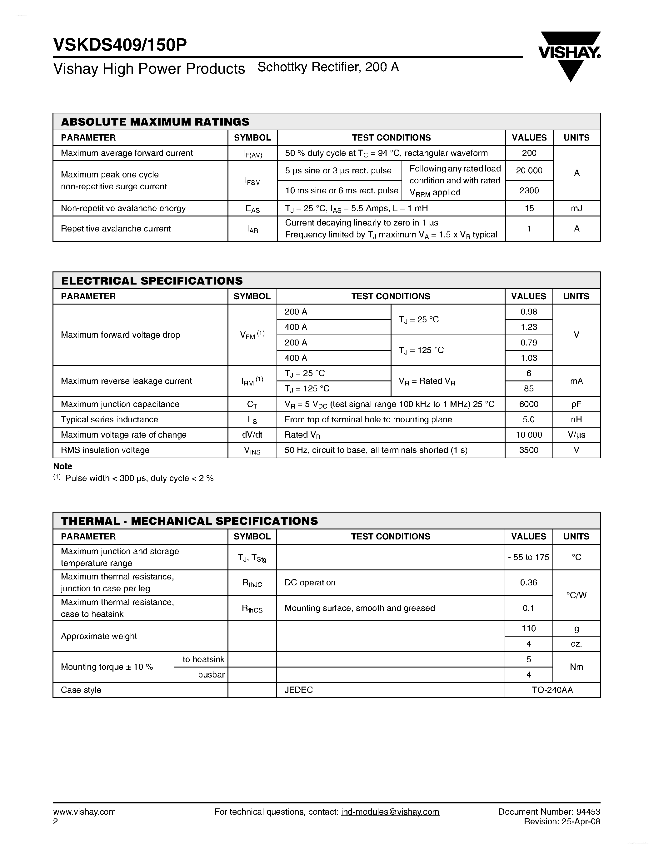 Datasheet VSKDS409/150P page 2 Datasheet VSKDS409/150P - Schottky Rectifier page 2