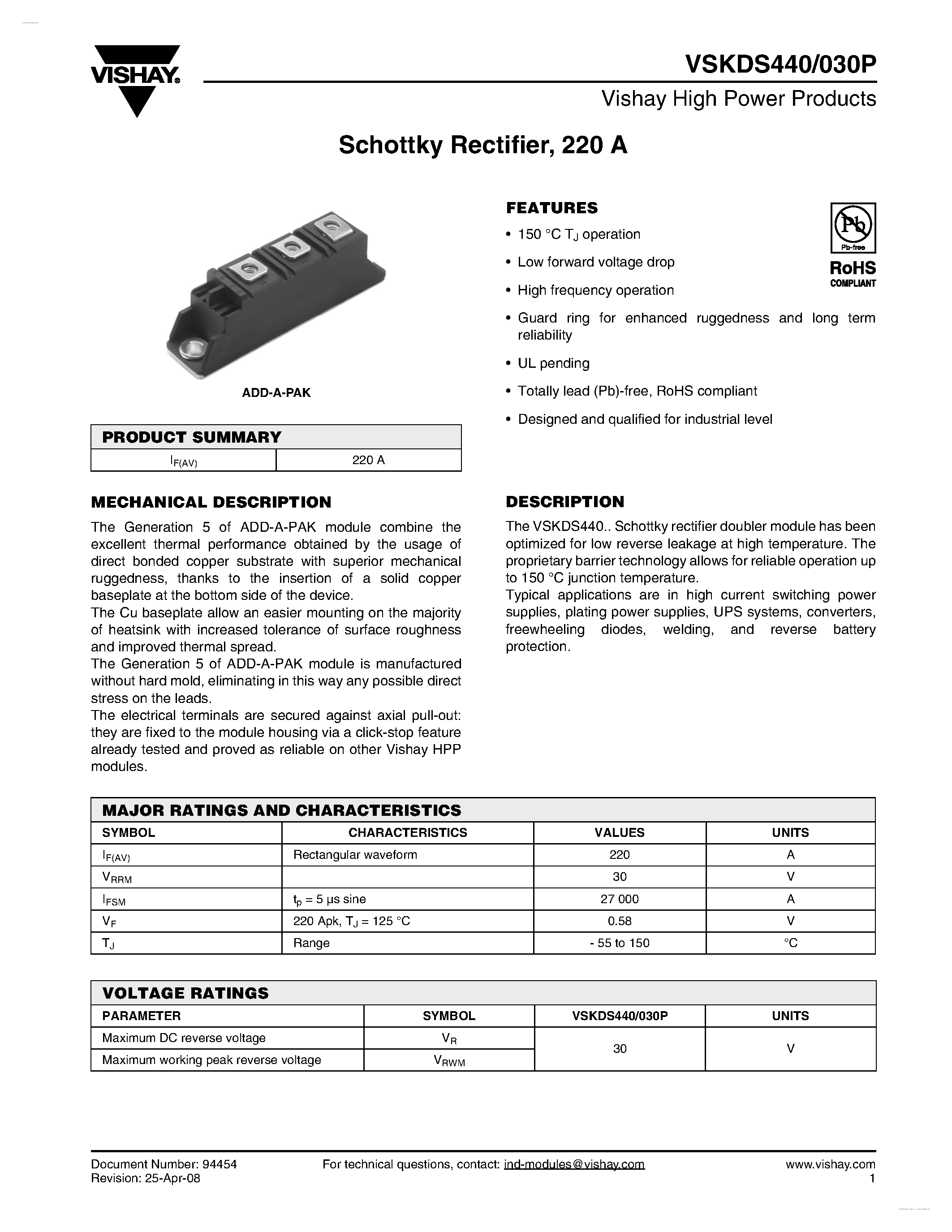 Datasheet VSKDS440/030P - Schottky Rectifier page 1