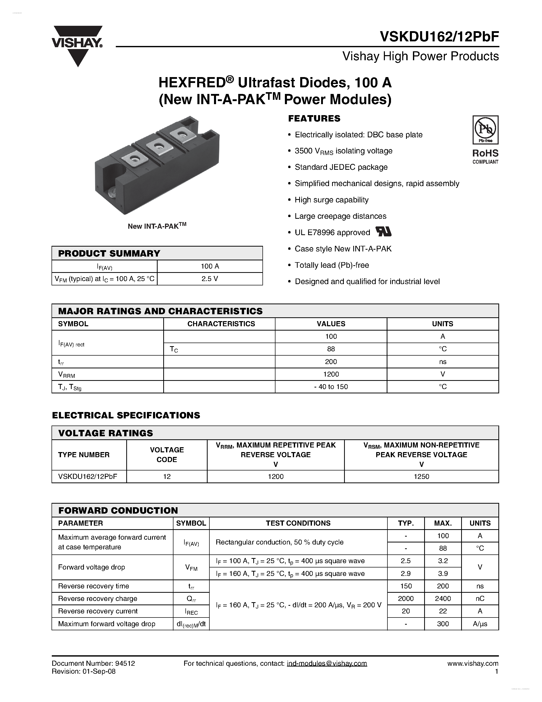 Datasheet VSKDU162/12PBF - Ultrafast Diodes page 1