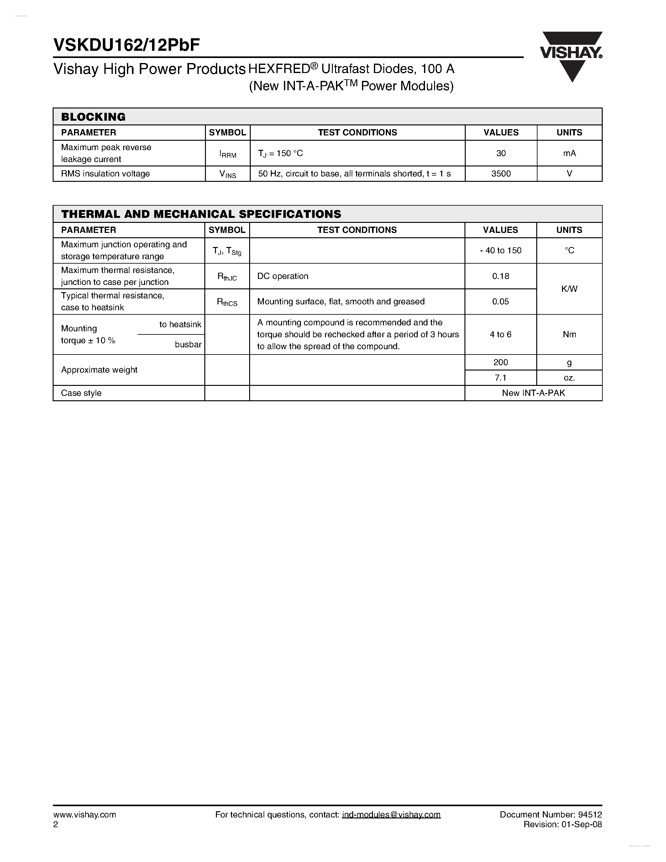 Datasheet VSKDU162/12PBF - Ultrafast Diodes page 2
