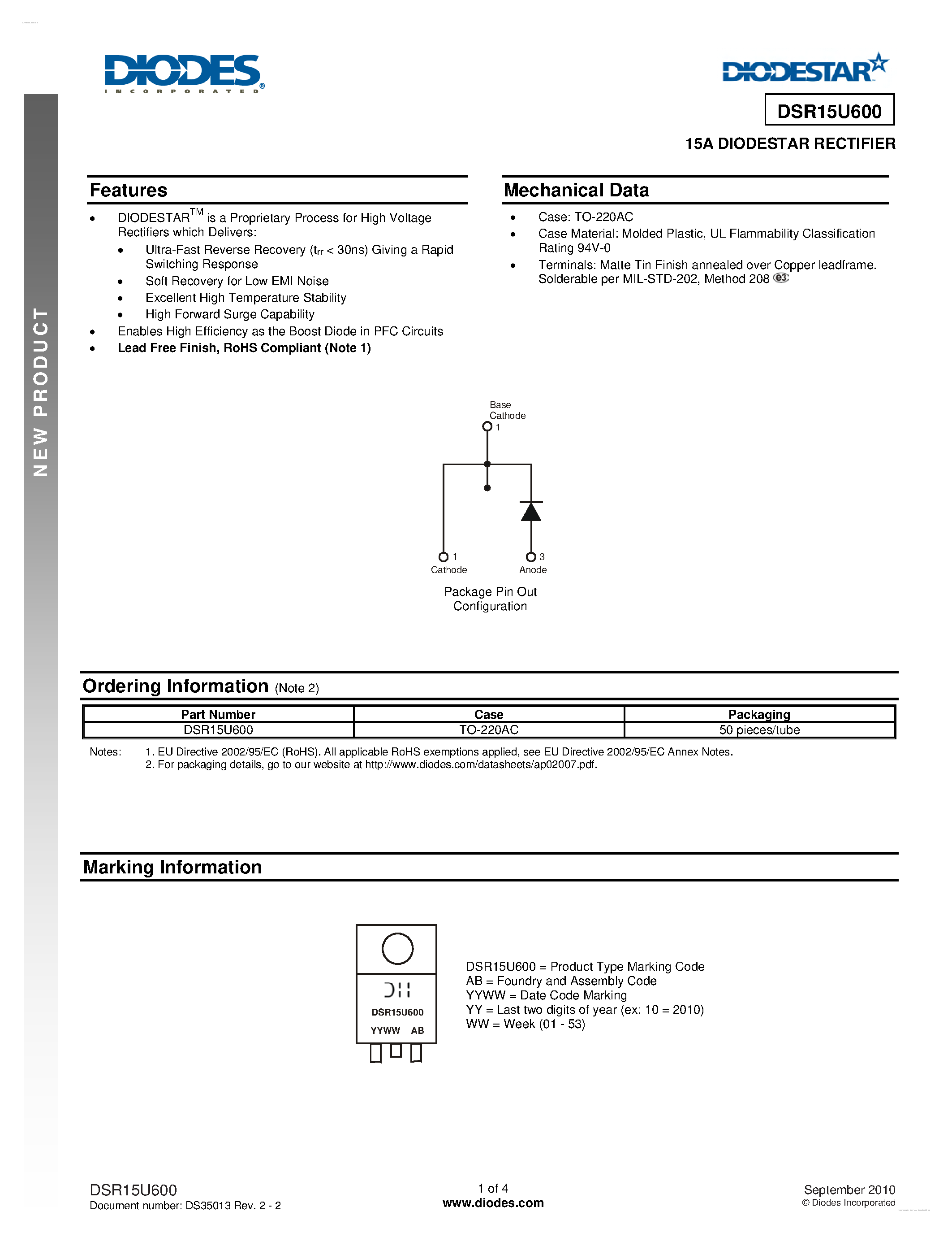 Datasheet DSR15U600 page 1 Datasheet DSR15U600 - DIODESTAR RECTIFIER page 1