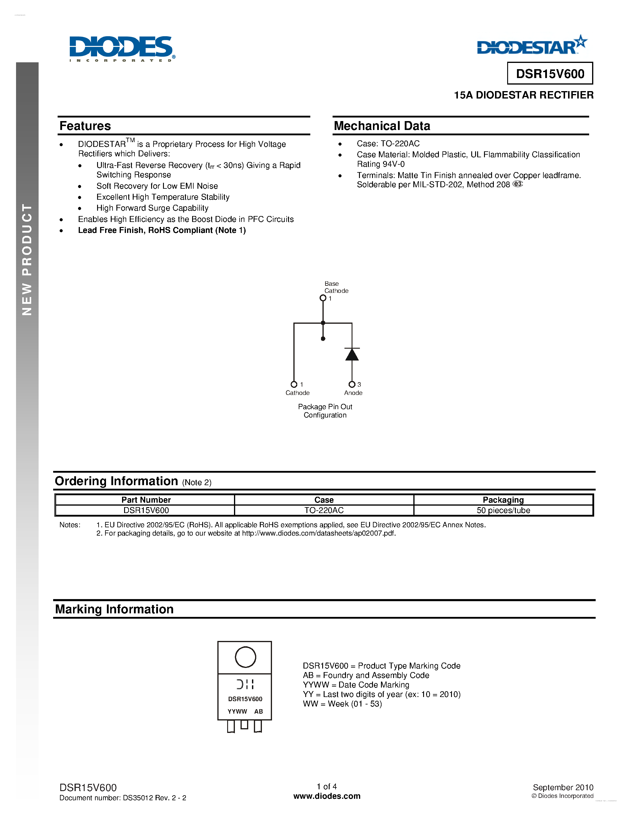 Datasheet DSR15V600 page 1 Datasheet DSR15V600 - DIODESTAR RECTIFIER page 1