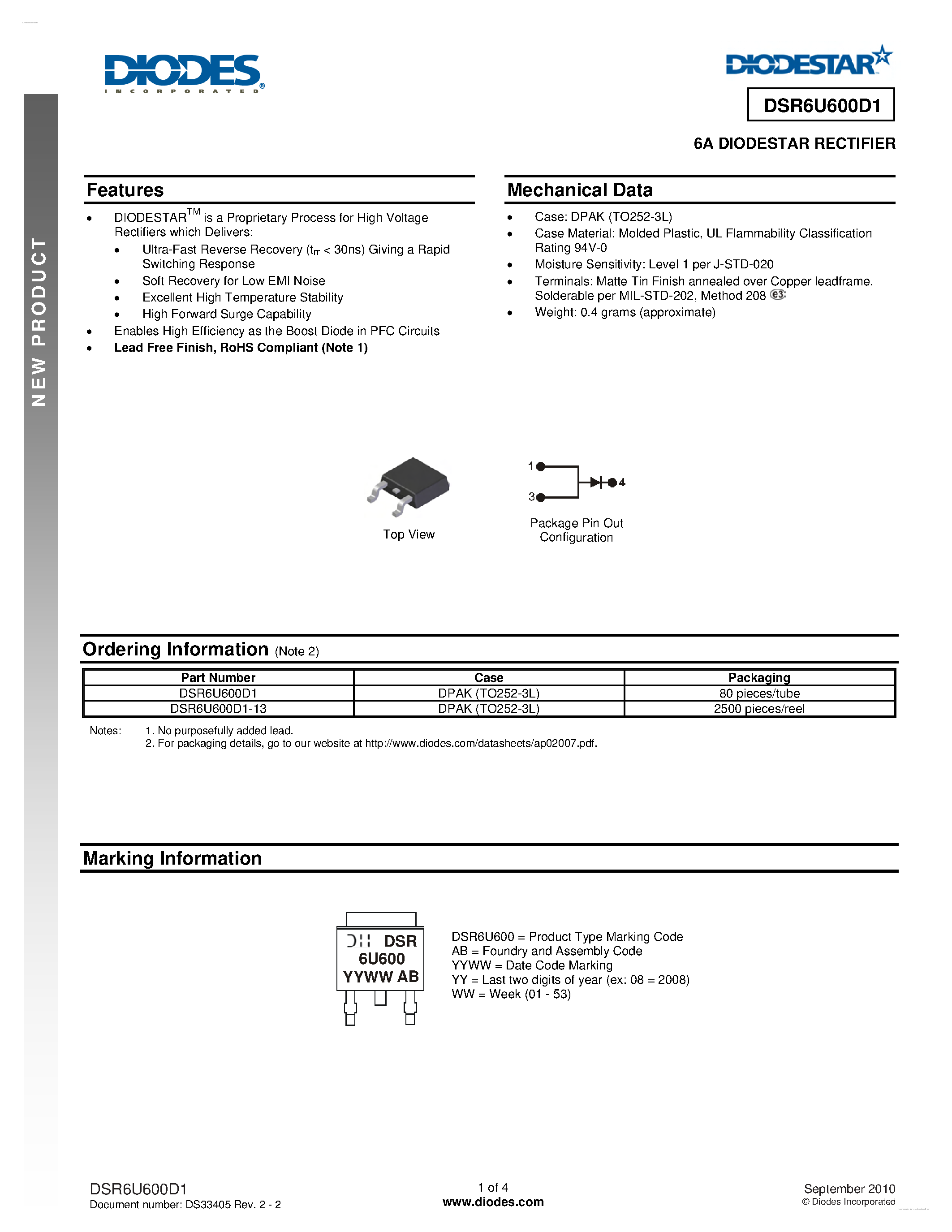 Datasheet DSR6U600D1 page 1 Datasheet DSR6U600D1 - DIODESTAR RECTIFIER page 1