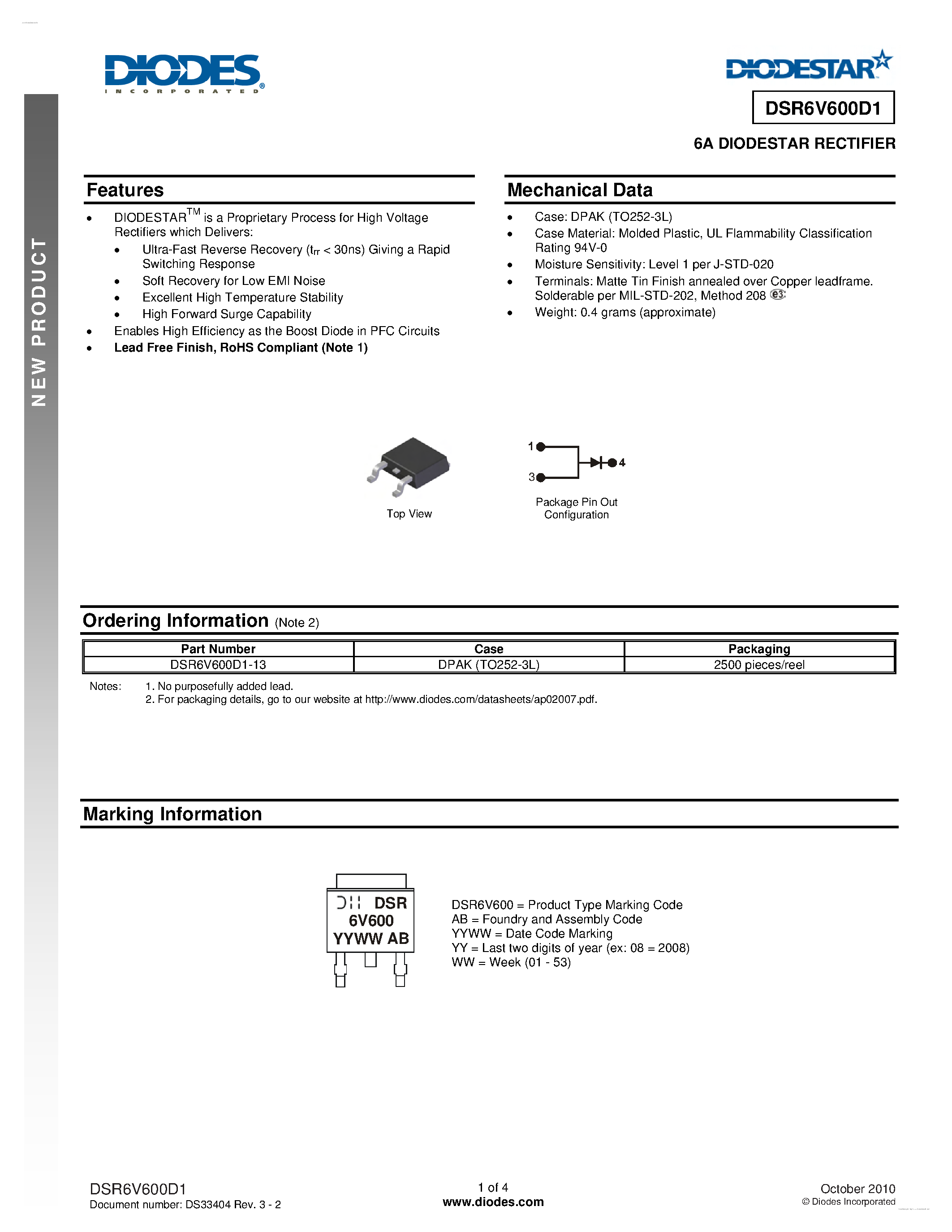 Datasheet DSR6V600D1 page 1 Datasheet DSR6V600D1 - DIODESTAR RECTIFIER page 1