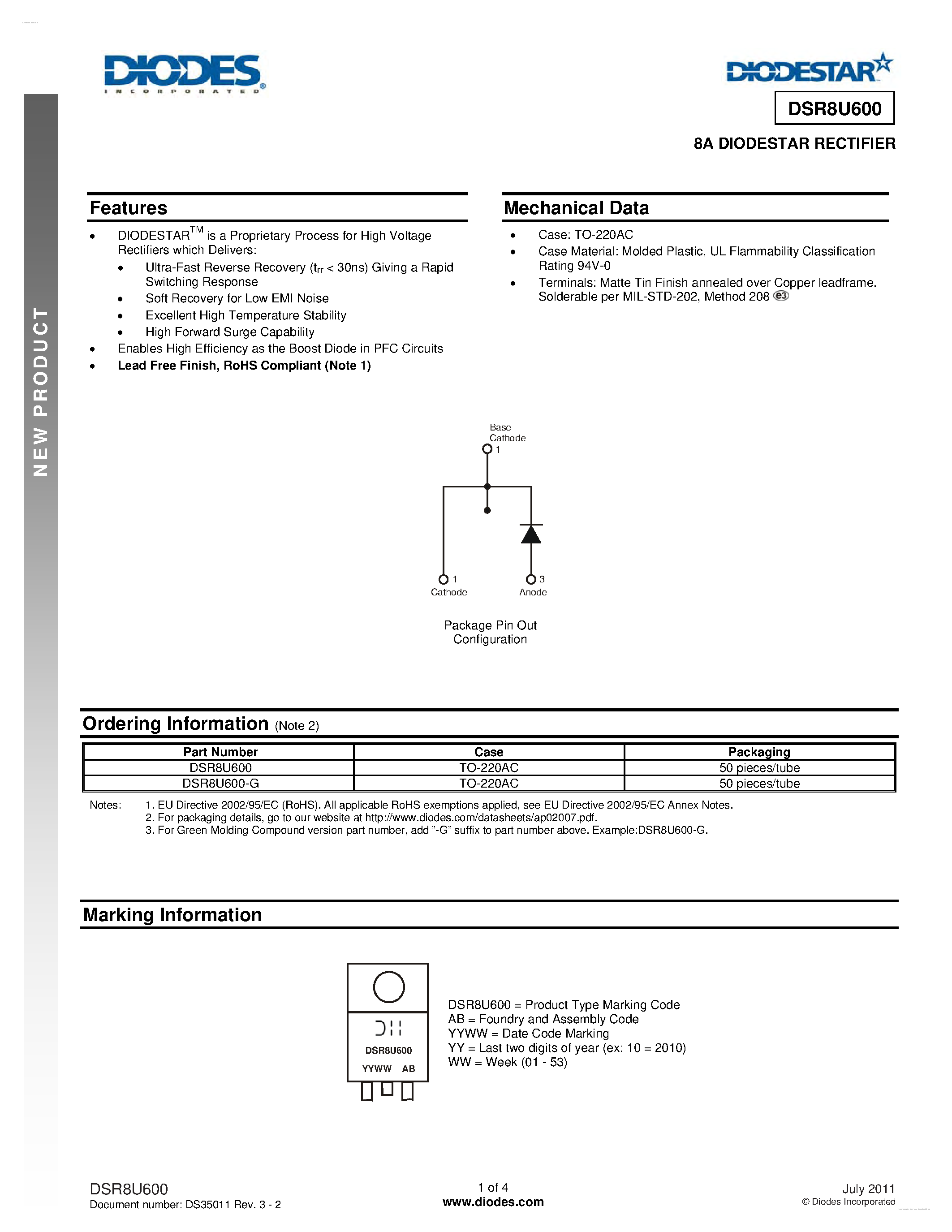 Datasheet DSR8U600 - DIODESTAR RECTIFIER page 1