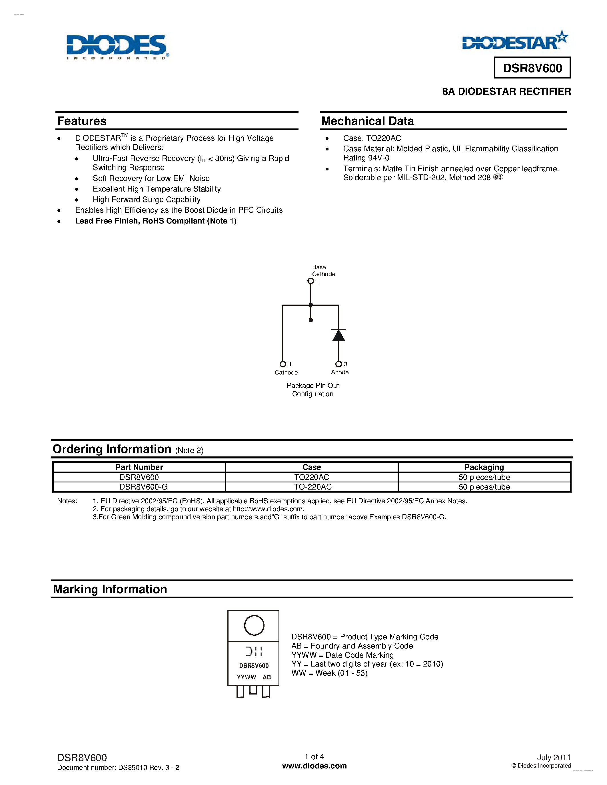 Datasheet DSR8V600 - DIODESTAR RECTIFIER page 1