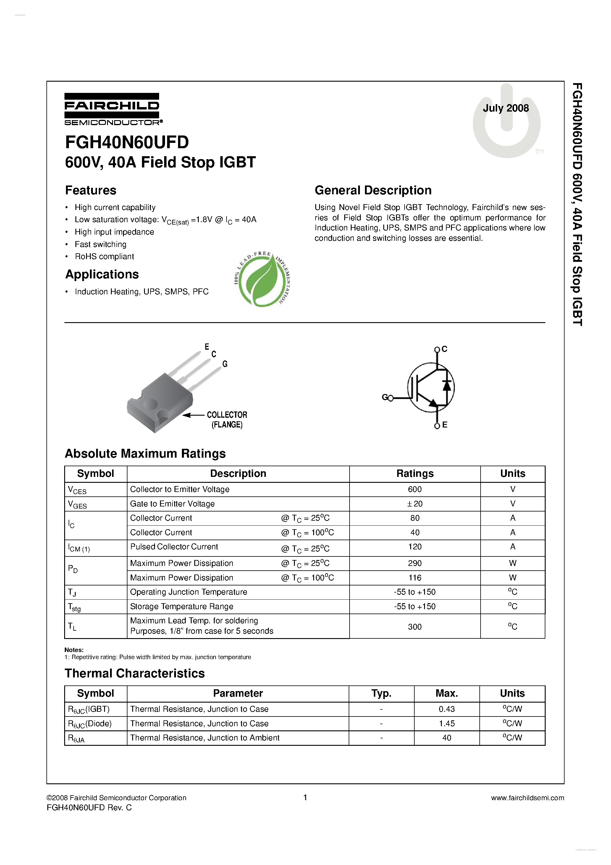 Даташит на микросхему FGH40N60UFD страница 1 Даташит FGH40N60UFD - Field Stop IGBT страница 1