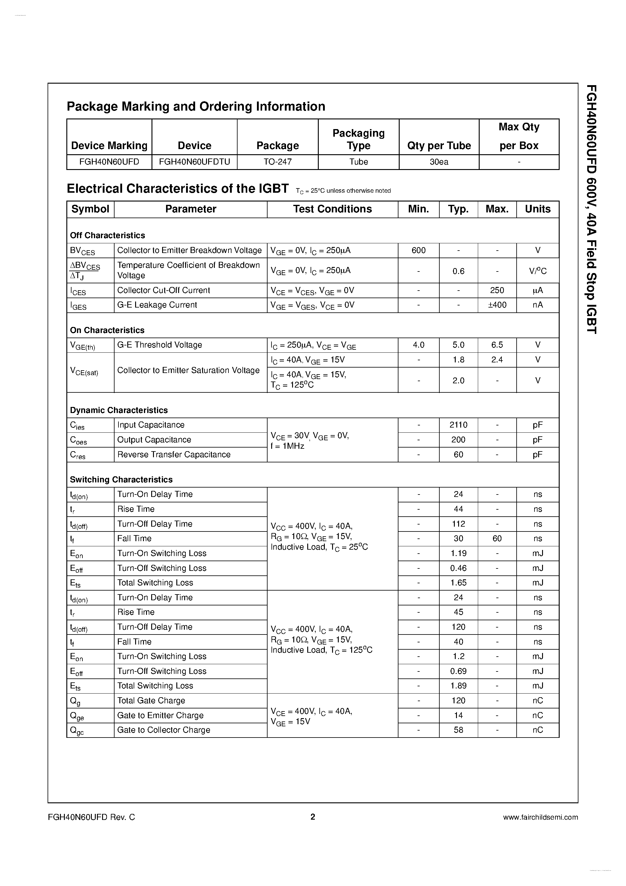 Даташит на микросхему FGH40N60UFD страница 2 Даташит FGH40N60UFD - Field Stop IGBT страница 2