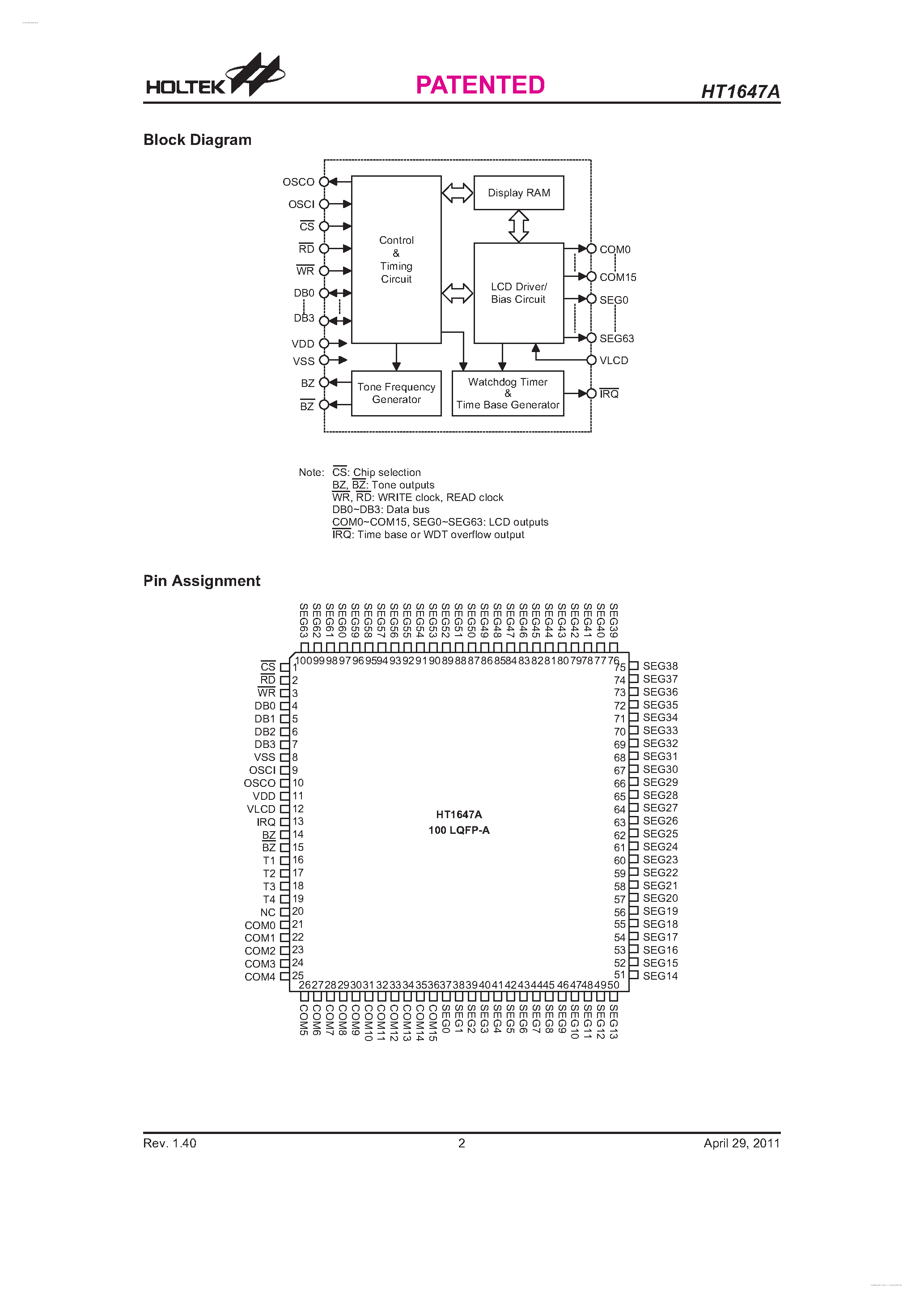 Даташит на микросхему HT1647A страница 2 Даташит HT1647A - 64 X 16 LCD Controller страница 2