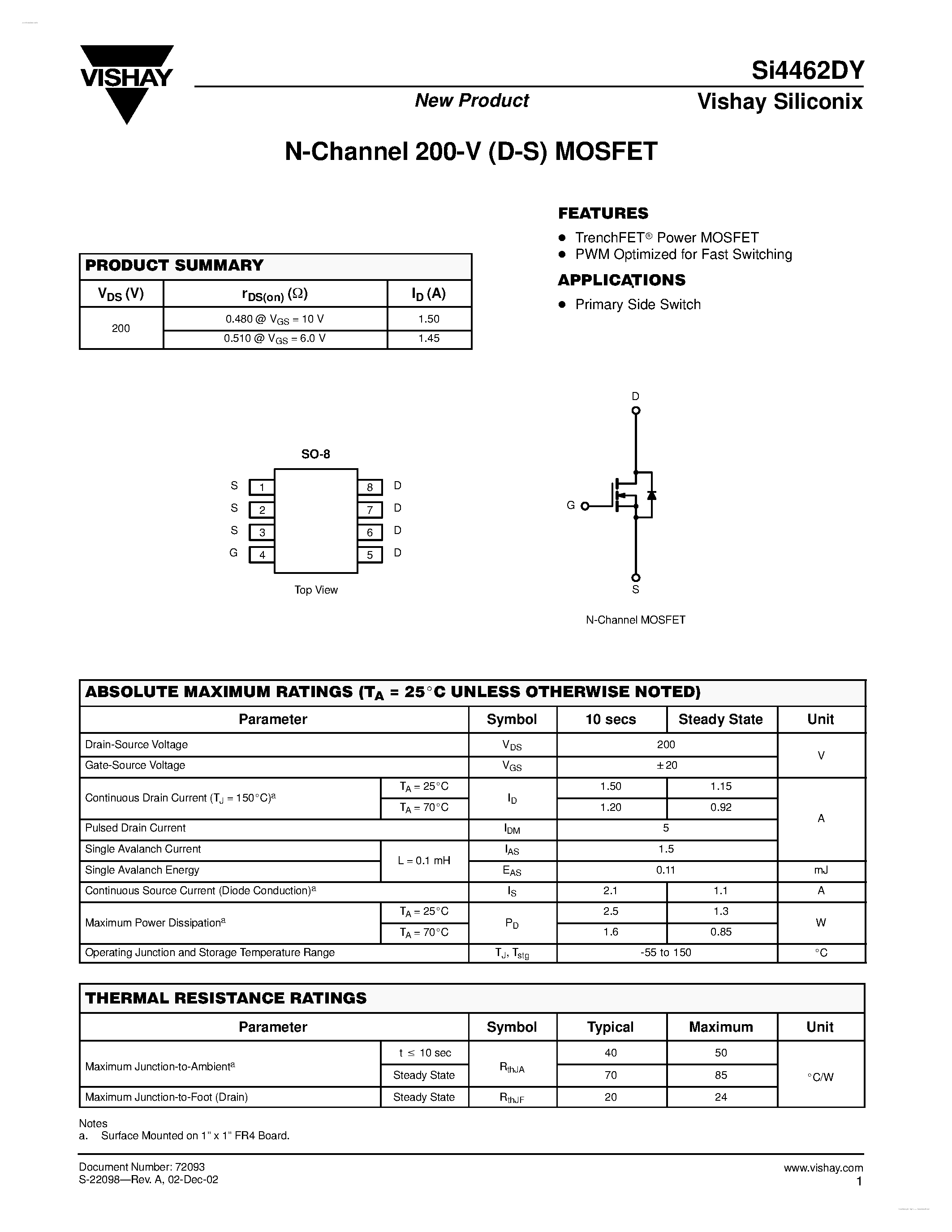 Даташит SI4462DY - N-Channel 200-V (D-S) MOSFET страница 1