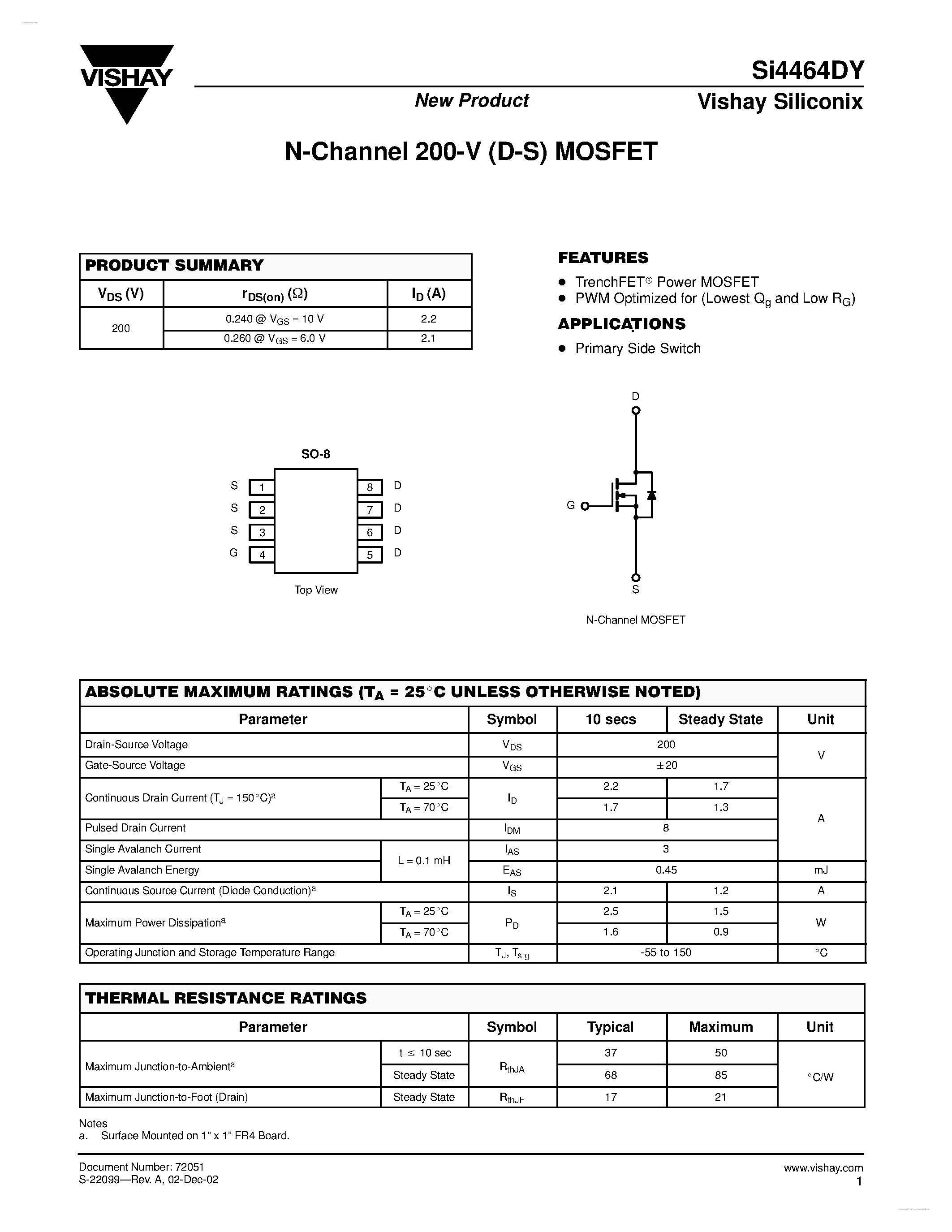 Даташит SI4464DY - N-Channel 200-V (D-S) MOSFET страница 1
