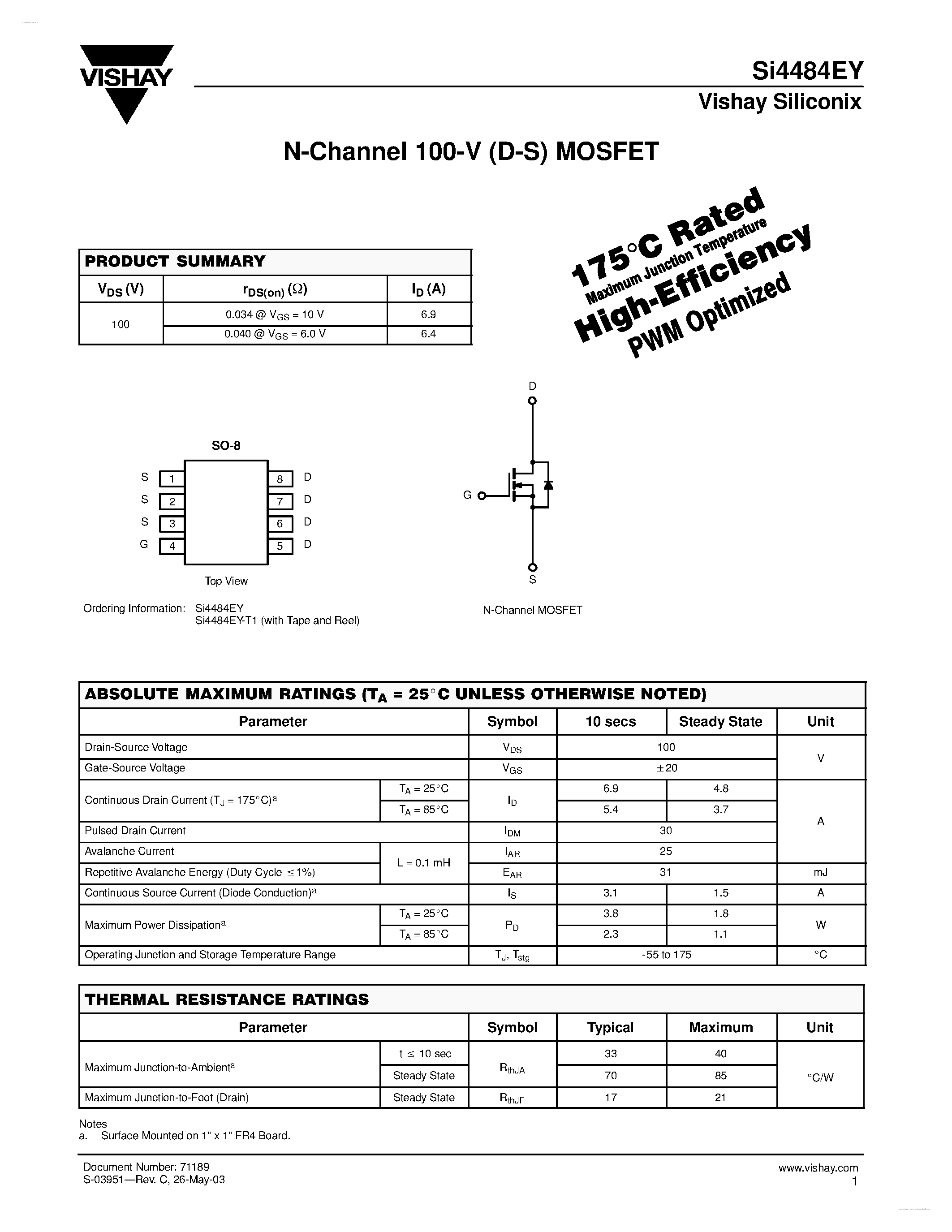 Даташит SI4484EY - N-Channel 100-V (D-S) MOSFET страница 1