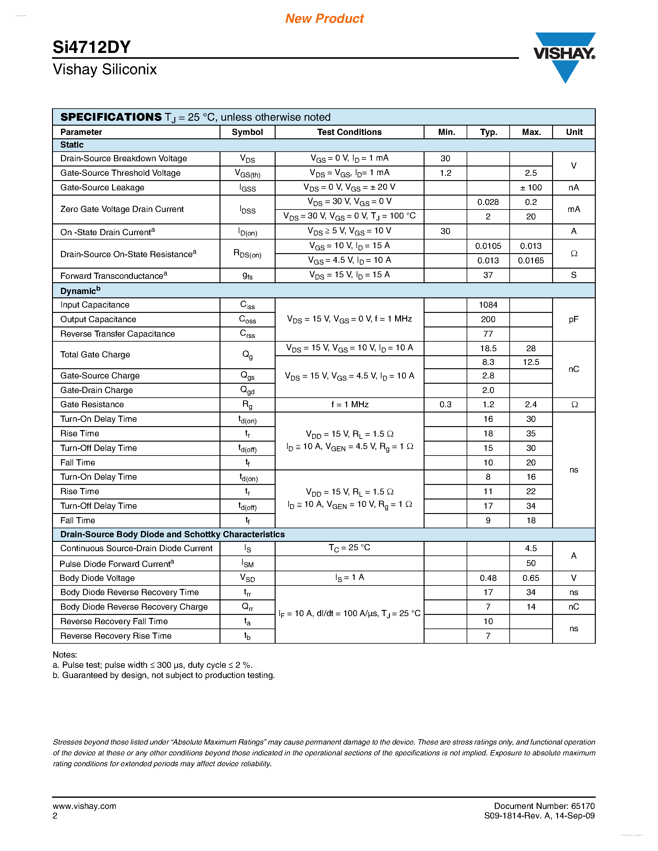 Даташит SI4712DY - N-Channel 30-V (D-S) MOSFET страница 2
