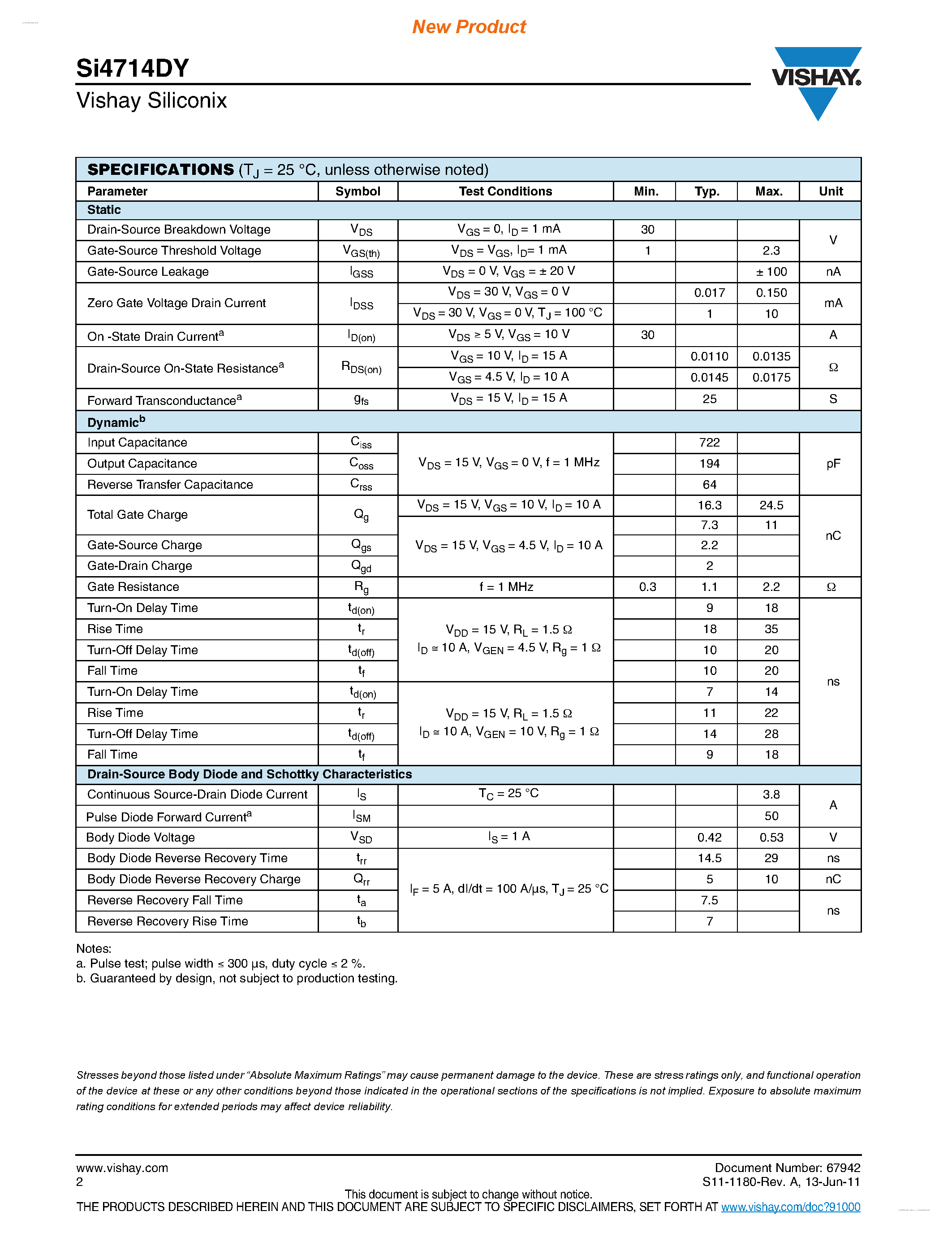 Даташит SI4714DY - N-Channel 30 V (D-S) MOSFET страница 2