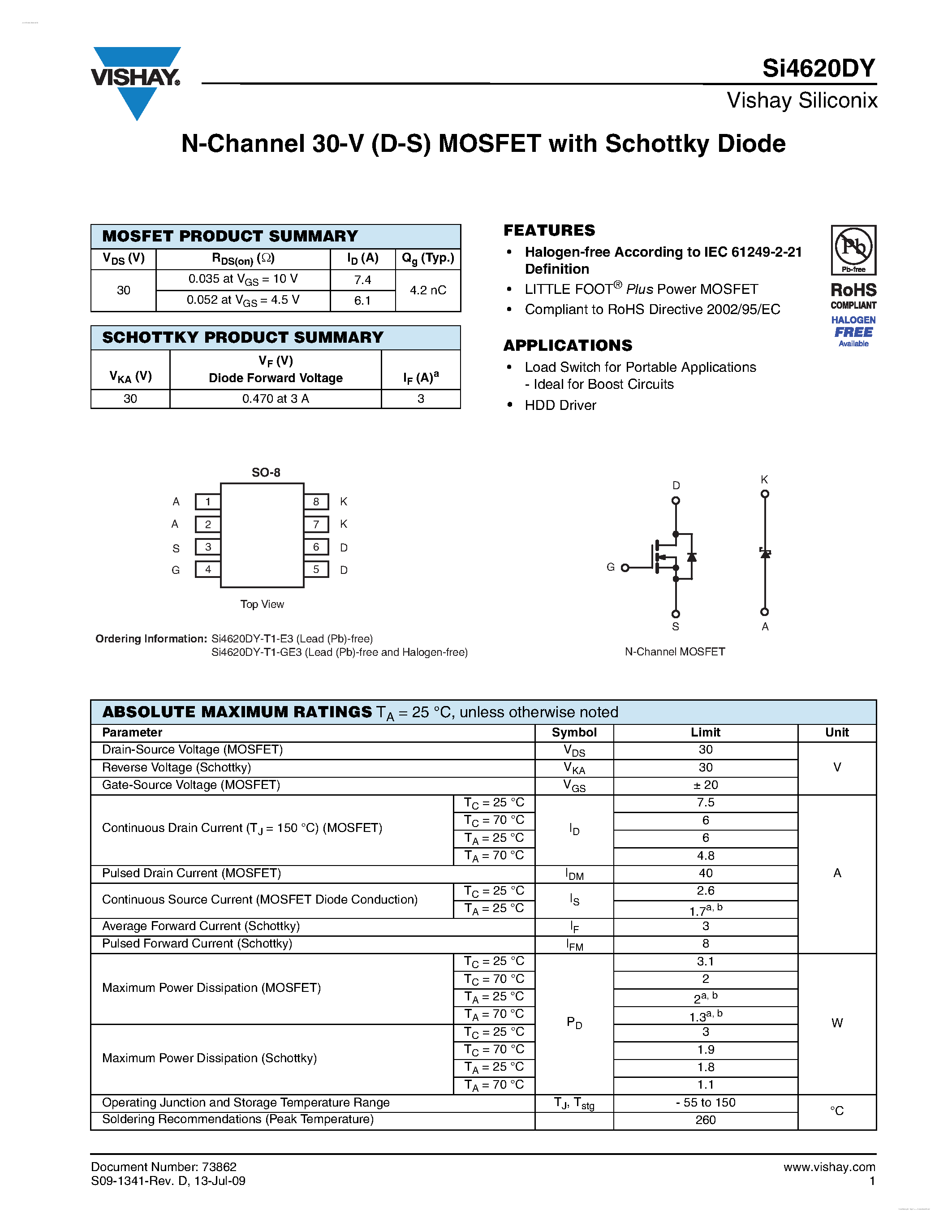 Даташит SI4620DY - N-Channel 30-V (D-S) MOSFET страница 1