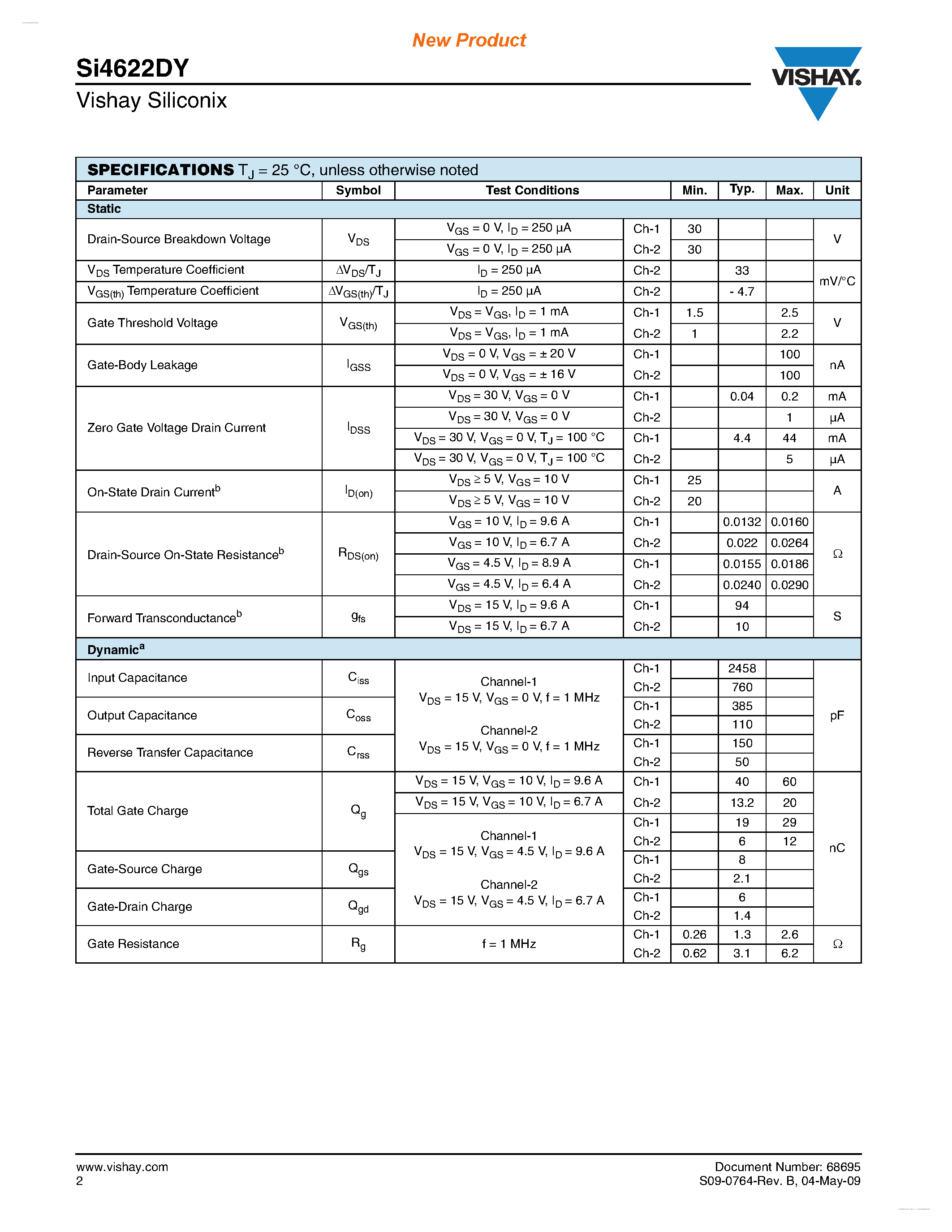 Даташит SI4622DY - Dual N-Channel 30-V (D-S) MOSFET страница 2
