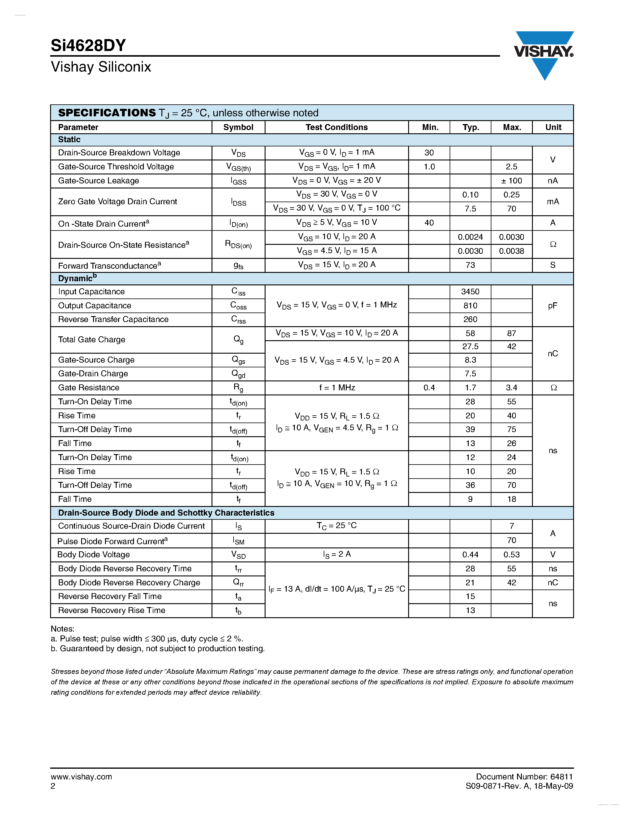 Даташит SI4628DY - N-Channel 30-V (D-S) MOSFET страница 2