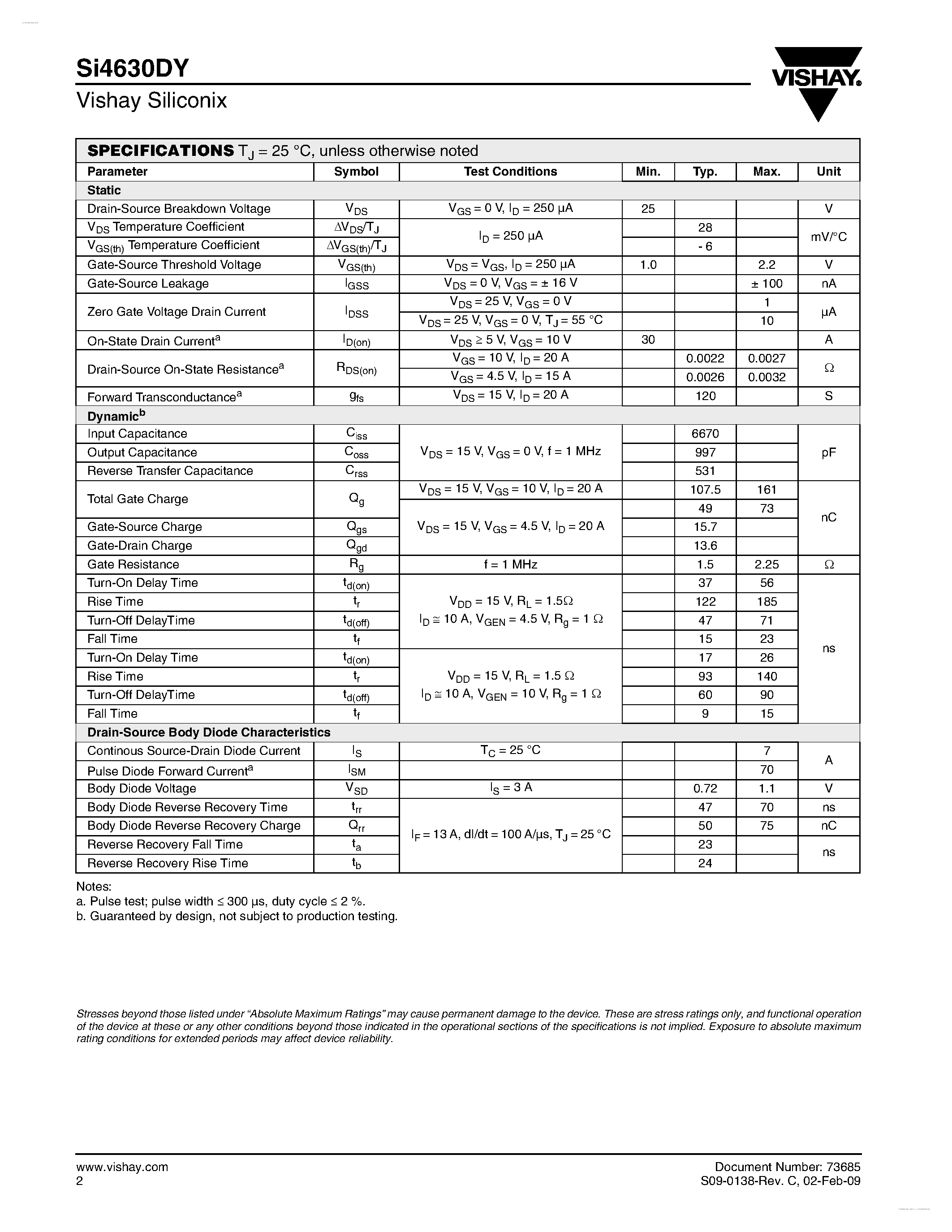 Даташит SI4630DY - N-Channel 25-V (D-S) MOSFET страница 2