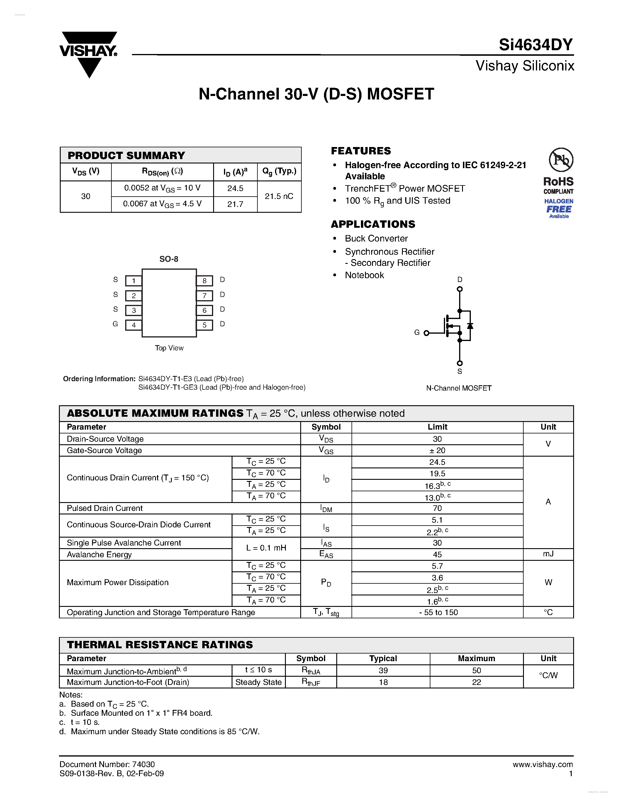 Даташит SI4634DY - N-Channel 30-V (D-S) MOSFET страница 1