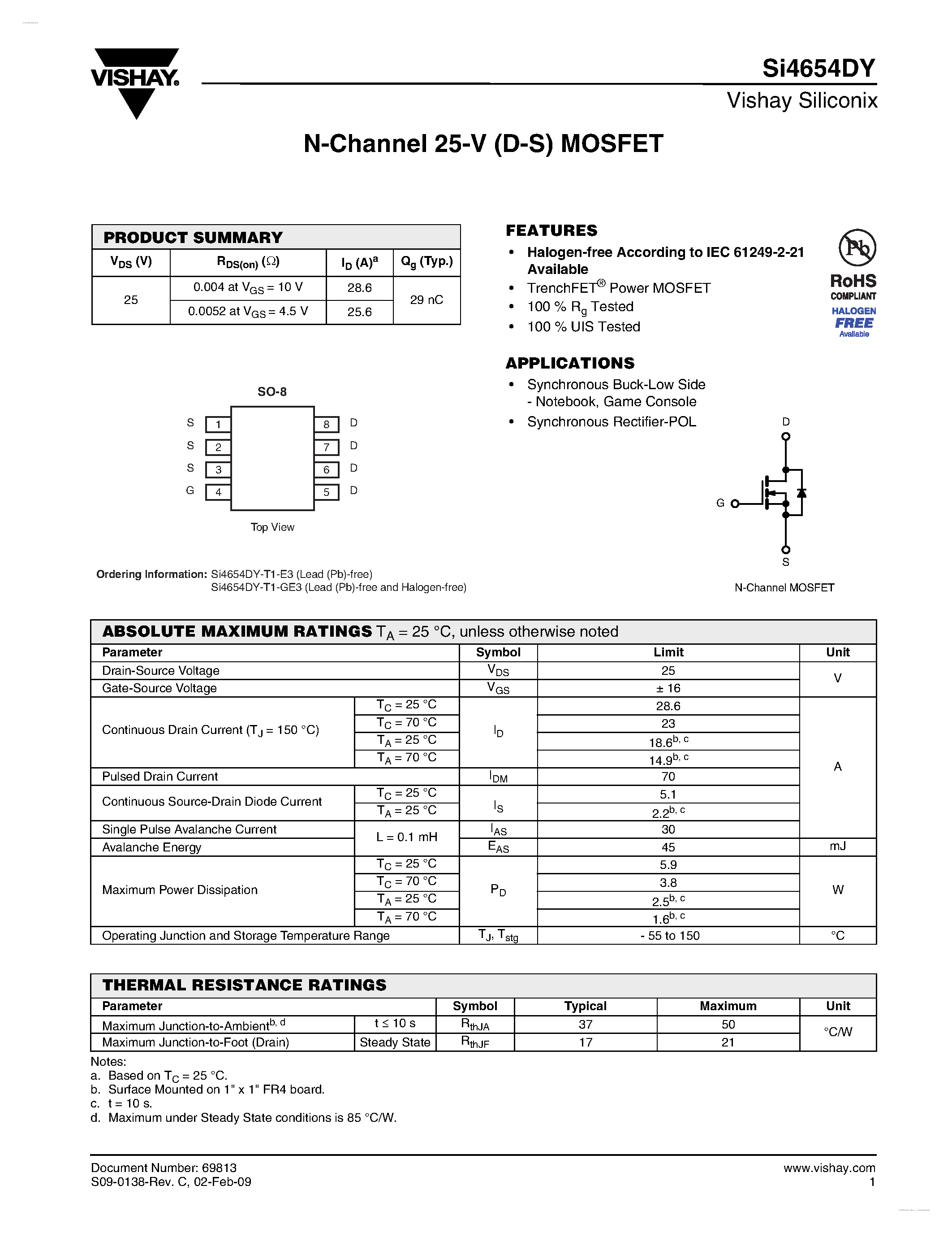 Даташит SI4654DY - N-Channel 25-V (D-S) MOSFET страница 1