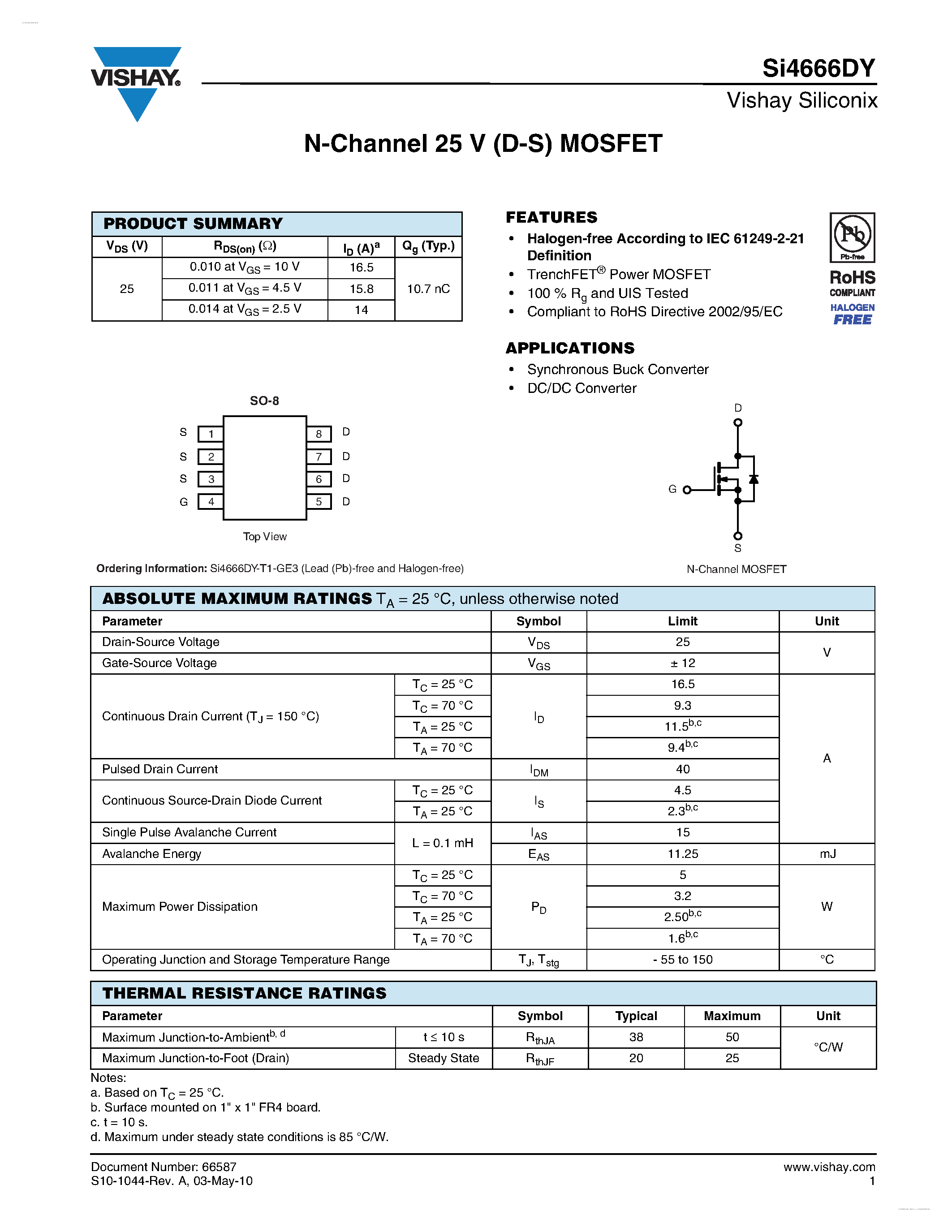 Даташит SI4666DY - N-Channel 25 V (D-S) MOSFET страница 1