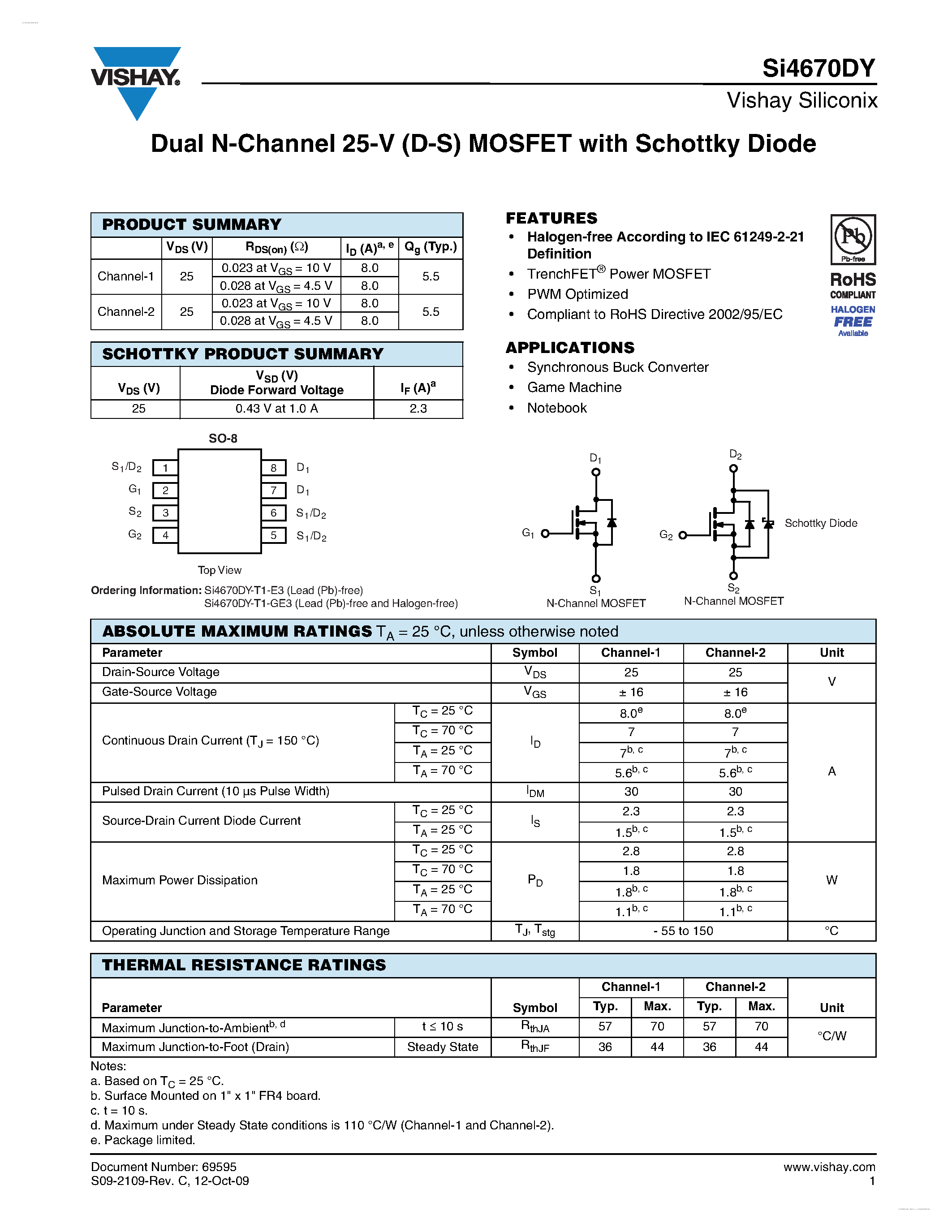 Даташит SI4670DY - Dual N-Channel 25-V (D-S) MOSFET страница 1