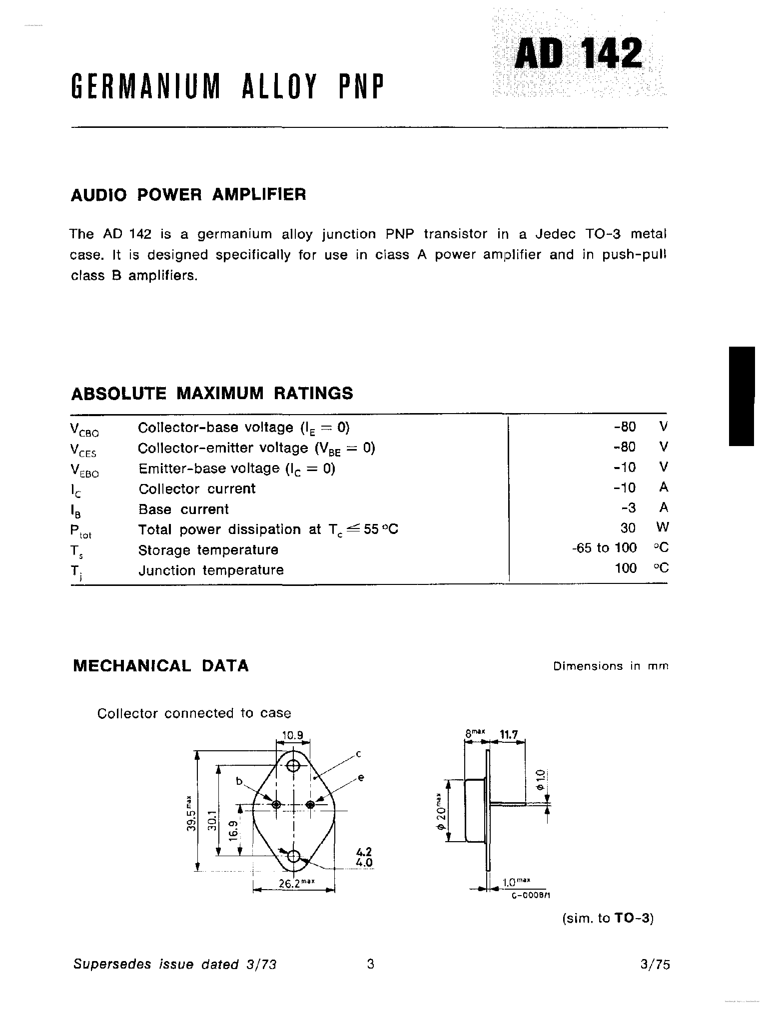 Datasheet AD142 - Germanium Alloy PNP page 1