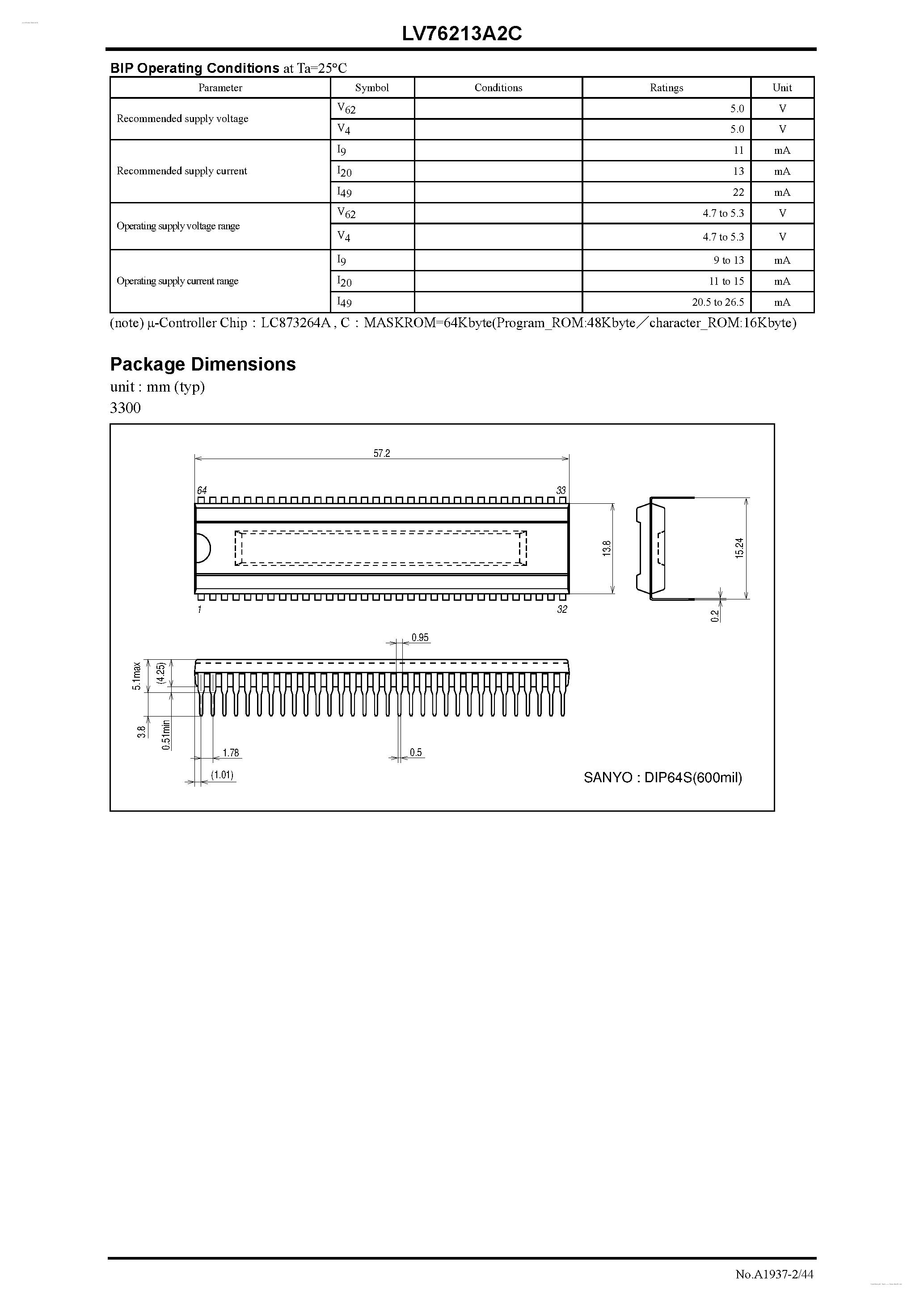 Datasheet LV76213A2C page 2 Datasheet LV76213A2C - VIF/SIF/Y/C/Deflection /CbCr IN Implemented in a Single Chip page 2