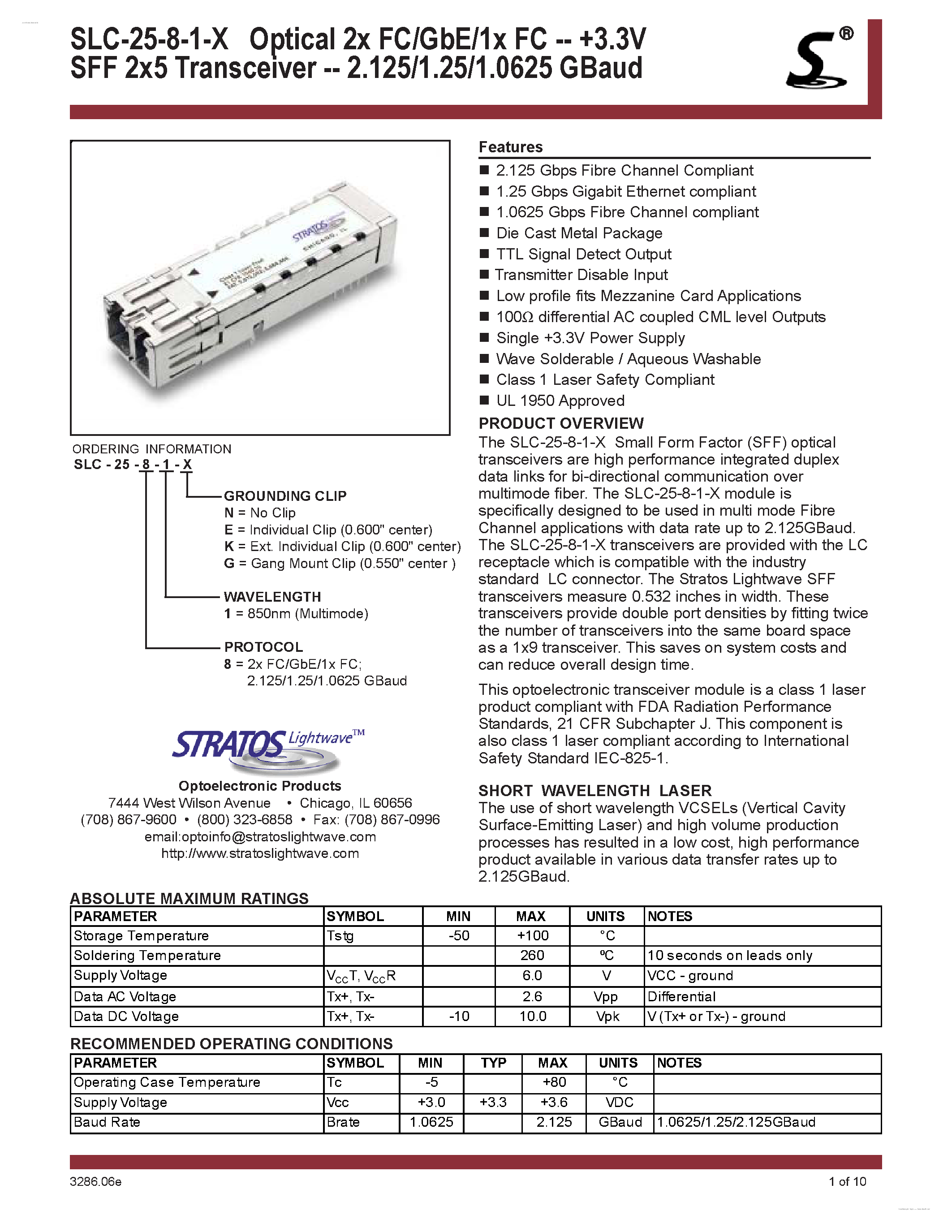 Datasheet SLC-25-8-1-x page 1 Datasheet SLC-25-8-1-x - Transceiver page 1