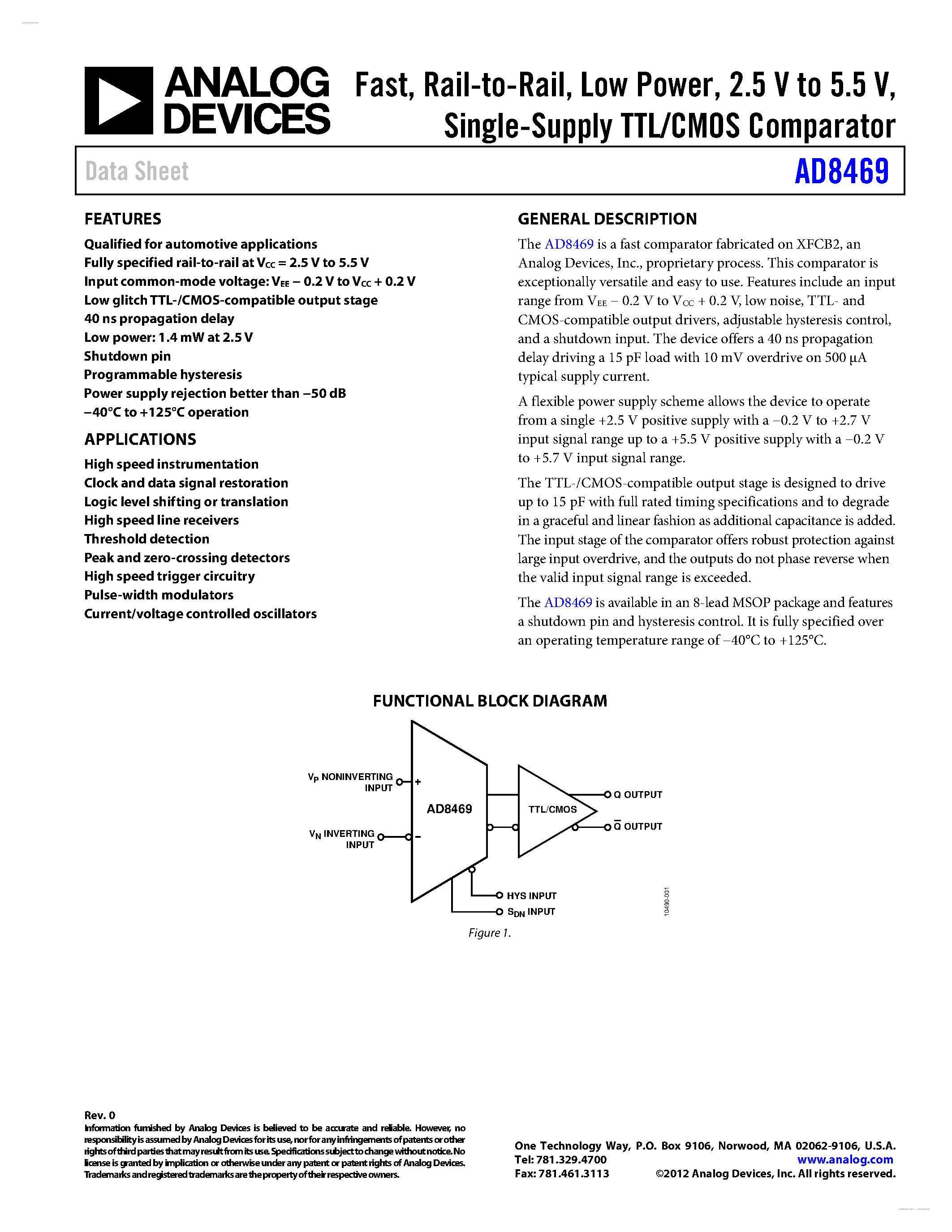 Datasheet AD8469 - Single-Supply TTL/CMOS Comparator page 1