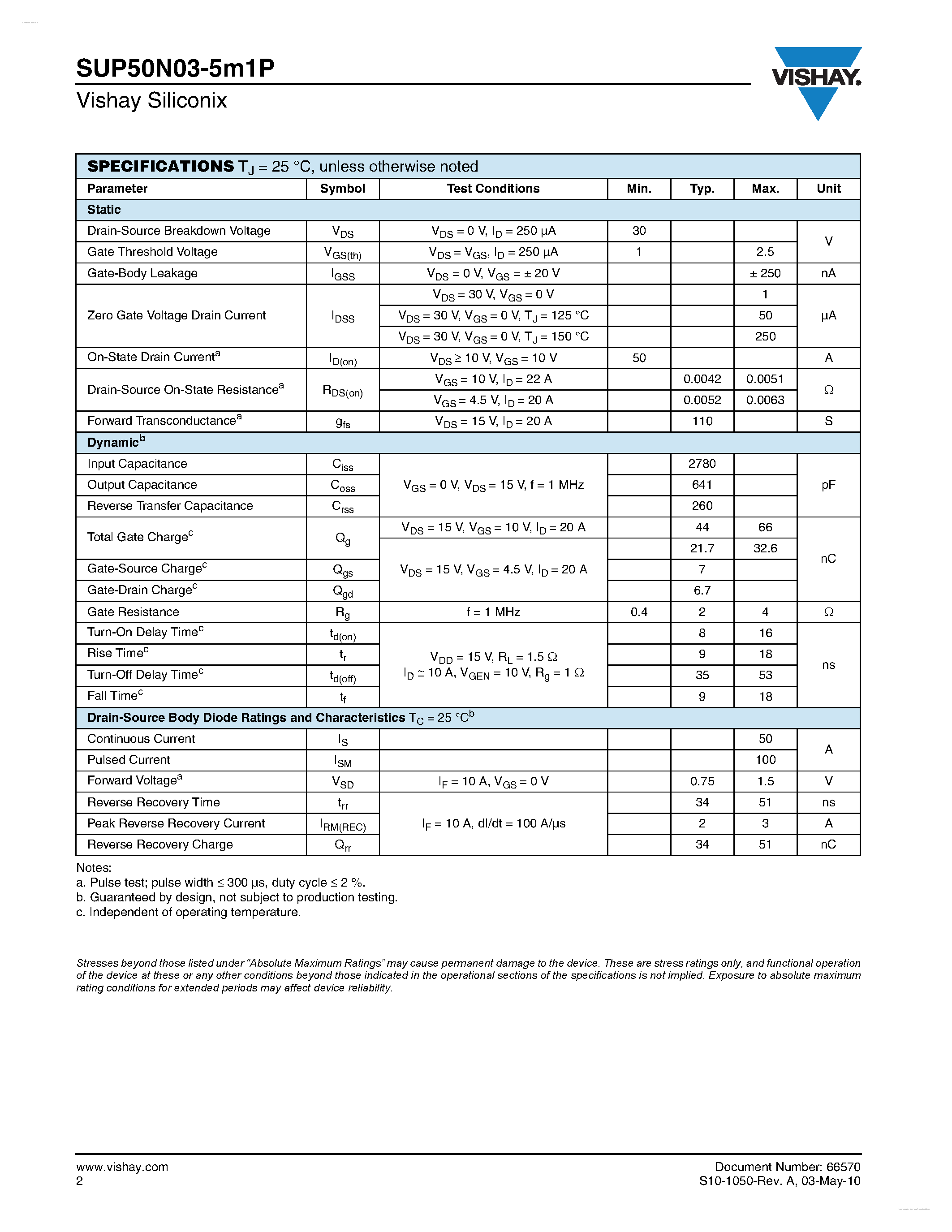 Даташит SUP50N03-5M1P - N-Channel 30 V (D-S) MOSFET страница 2