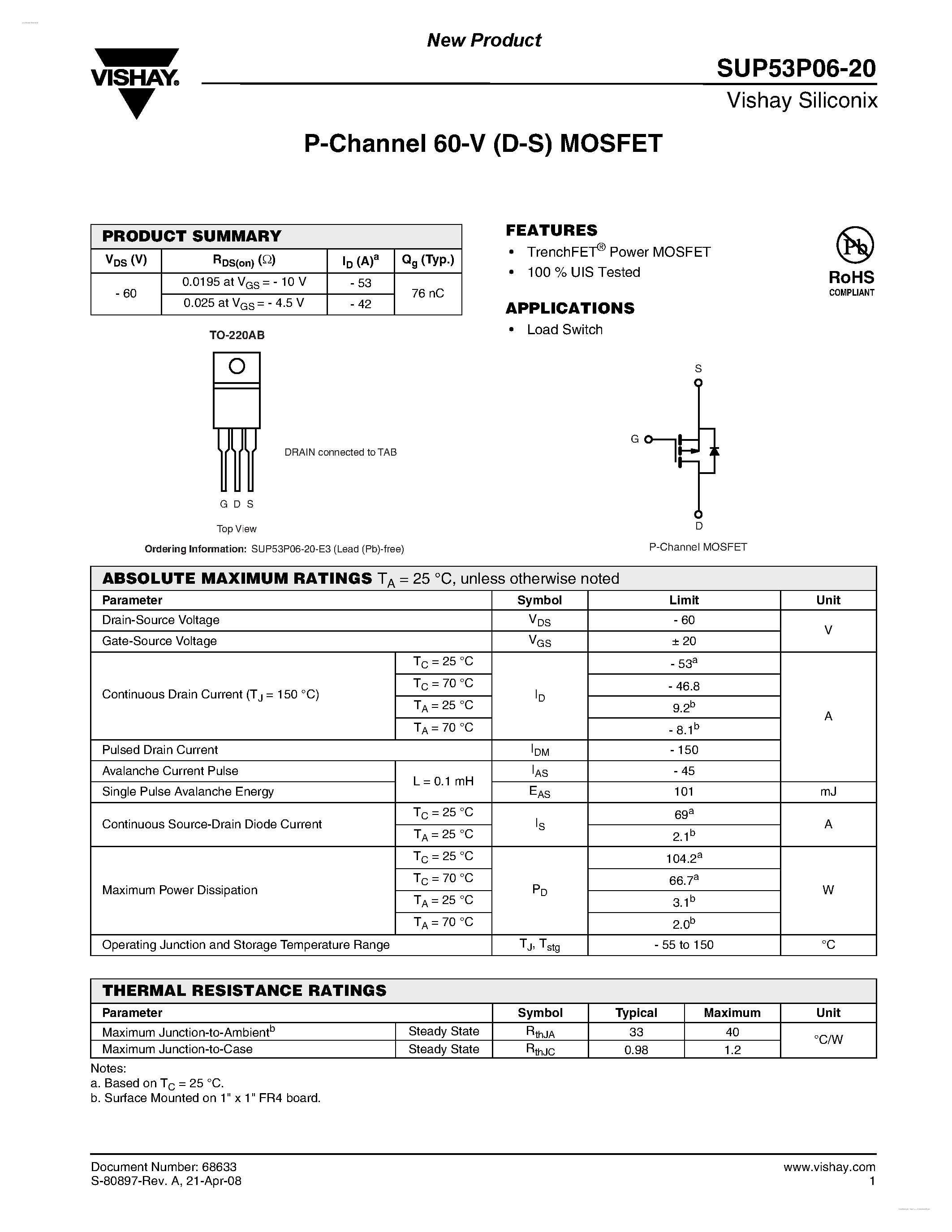 Даташит SUP53P06-20 - P-Channel 60-V (D-S) MOSFET страница 1