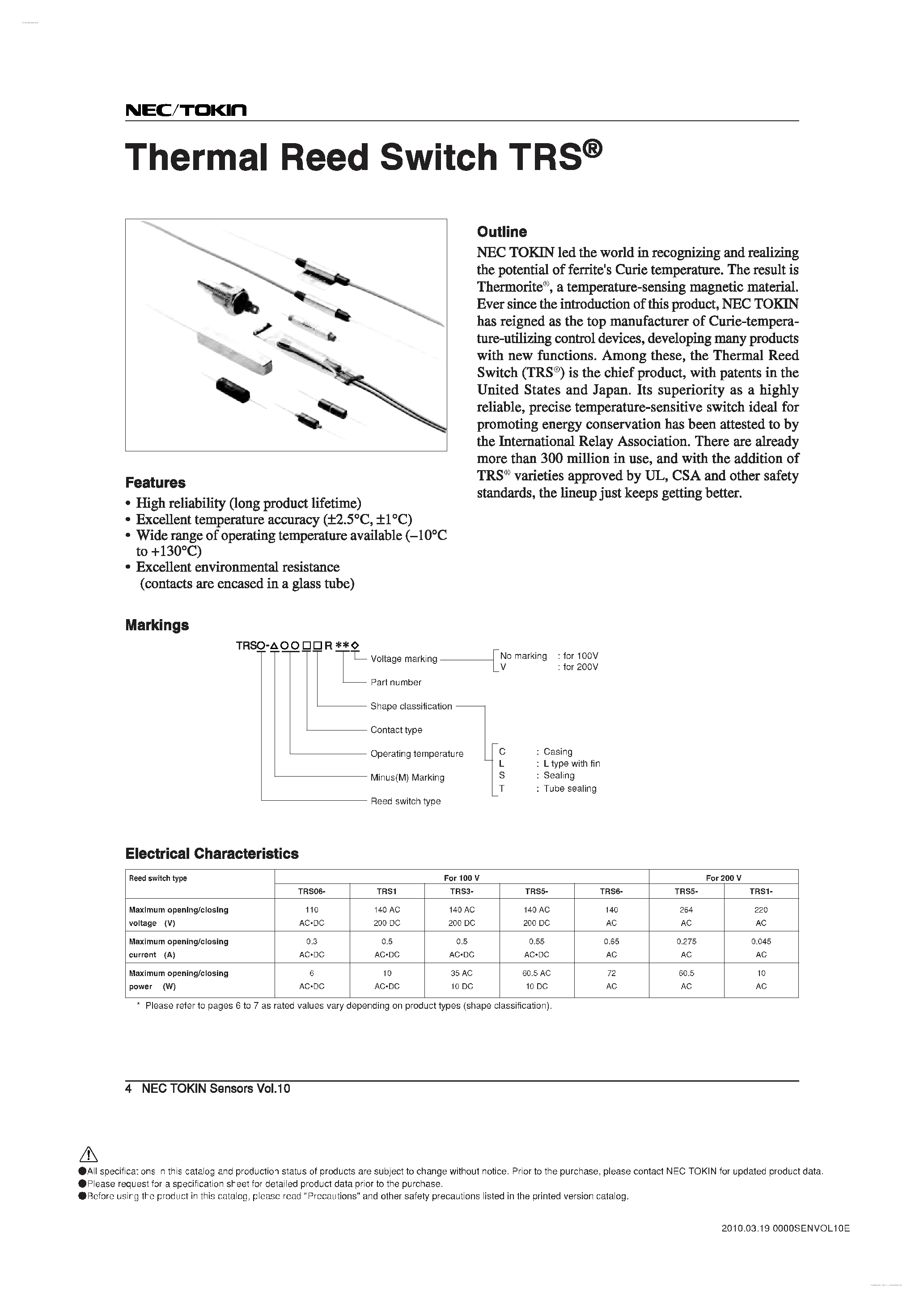 Datasheet TRS06-xxBCR001 - Thermal Reed Switch page 1