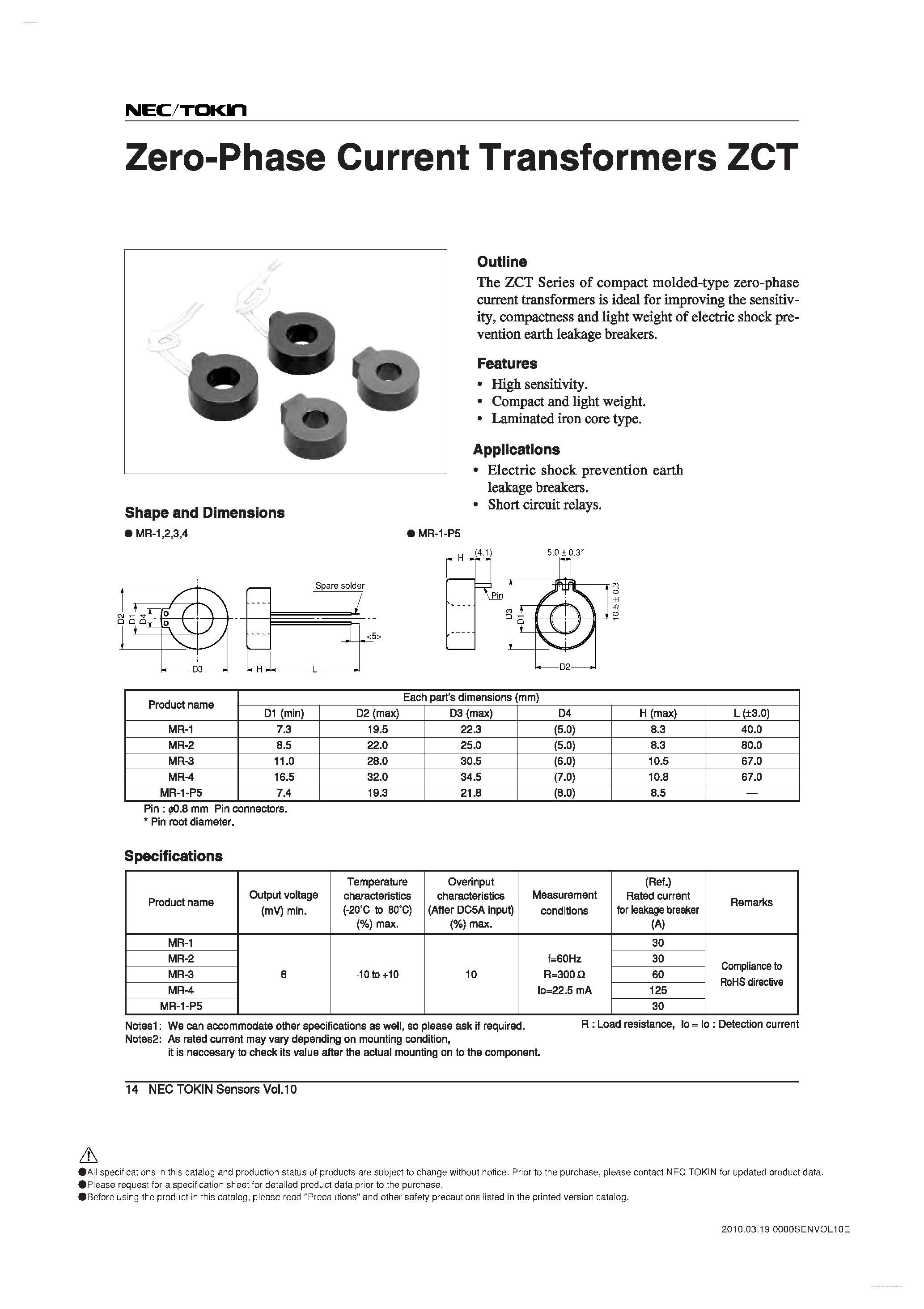 Datasheet MR-1 - Zero-Phase Current Transformers ZCT page 1